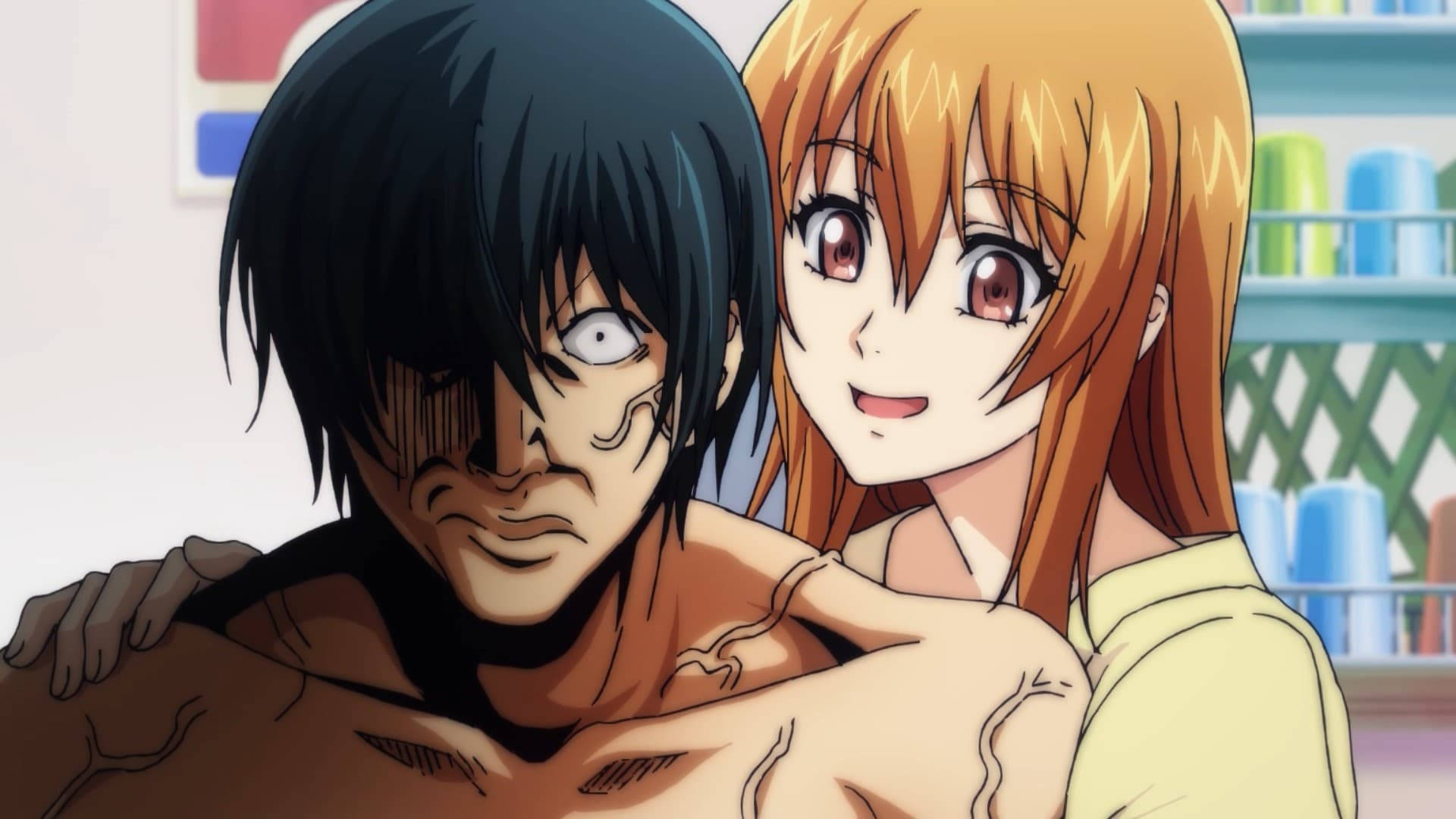 Grand Blue 桌布 壁紙 — 一個開朗的動漫女孩在光線明亮的房間裡擁抱一個沒有穿上衣、有疤痕、閉上一隻眼睛的男人。