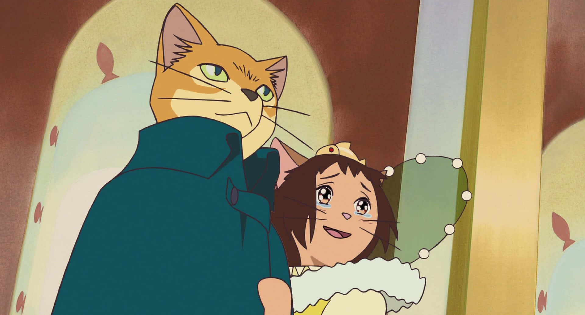 the cat returns 桌布 壁紙 — 一個開朗的動漫女孩從一隻穿著青綠色外套的貓後面探出頭來，背景是溫暖的拱形門口。