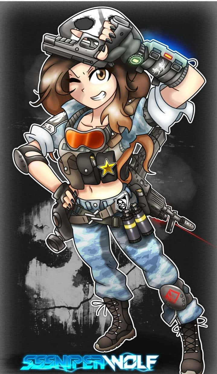 遊戲 桌布 壁紙 — 一個開朗的動漫女孩穿著戰術裝備，在黑暗粗糙的背景中揮舞著未來步槍。