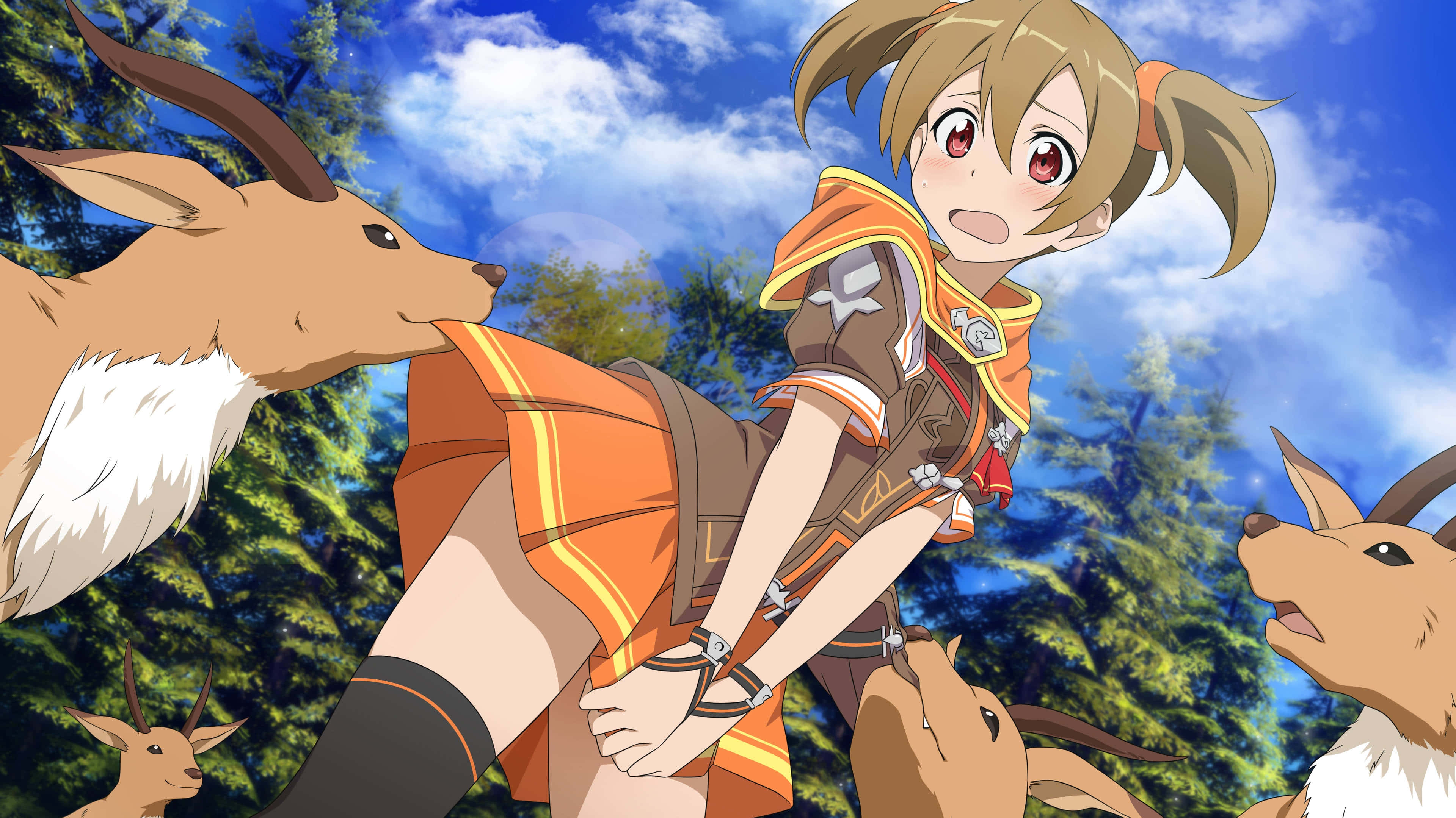 Sword Art Online Silica 桌布 壁紙 — 一個開朗的動漫女孩穿著橙色盔甲，在陽光明媚的森林中被好奇的鹿頑皮地包圍著。