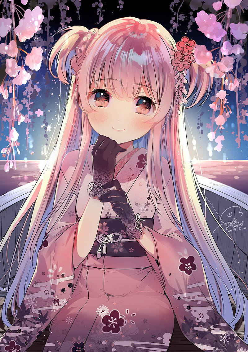 Cute Anime Girl 桌布 壁紙 — 一個開朗的動漫女孩穿著粉紅色櫻花和服，在發光的粉紅色花朵天篷下溫柔地微笑。