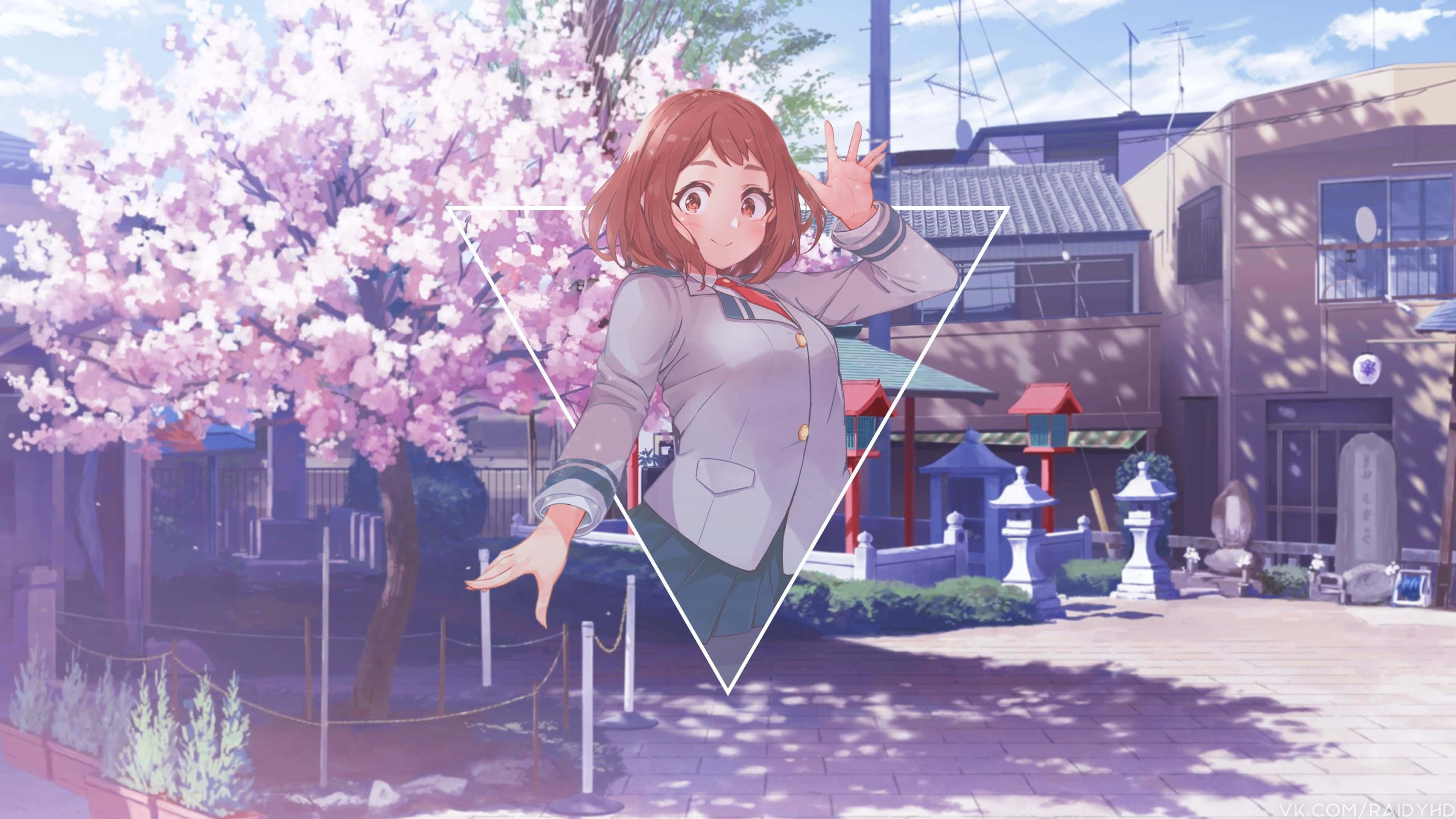 我的英雄學院 桌布 壁紙 — 一個開朗的動漫女學生穿著校服，在陽光明媚的日本街道場景中，在盛開的櫻花樹下揮手。