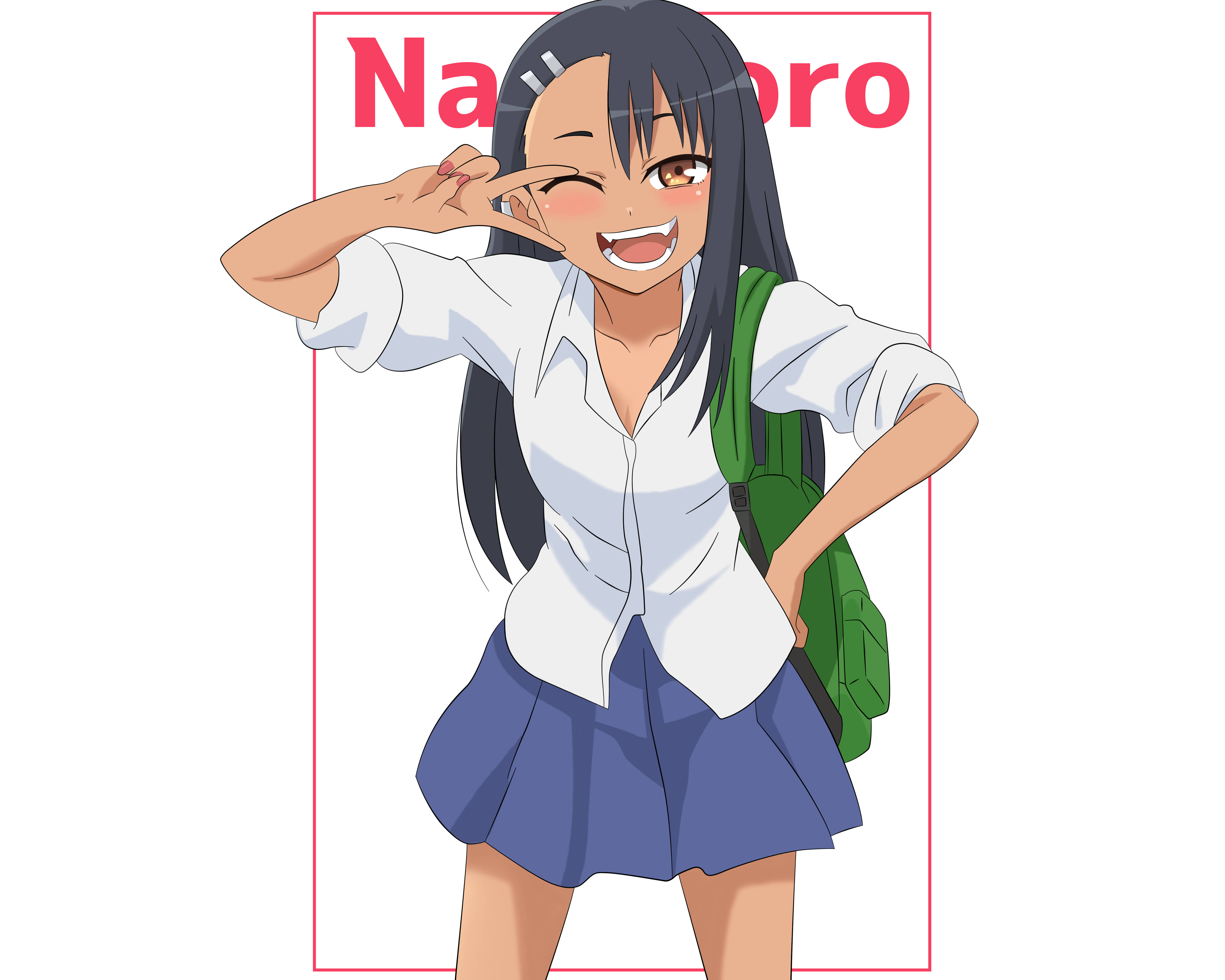 Nagatoro 桌布 壁紙 — 一個開朗的動漫女學生穿著校服，眨眼並做出和平手勢，背著綠色背包。