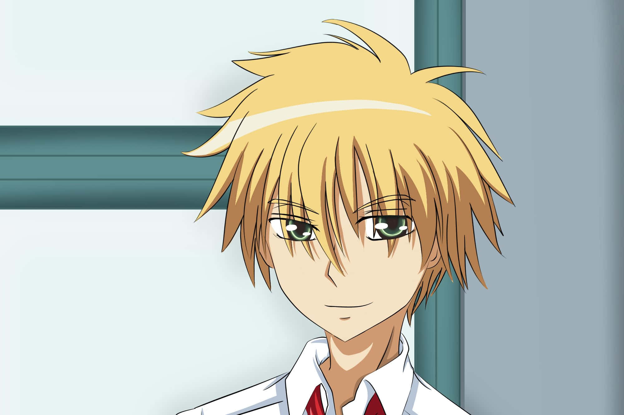 Takumi Usui 桌布 壁紙 — 一個開朗的動漫男孩，有著刺刺的金色頭髮和綠色眼睛，穿著校服靠在牆上微笑。