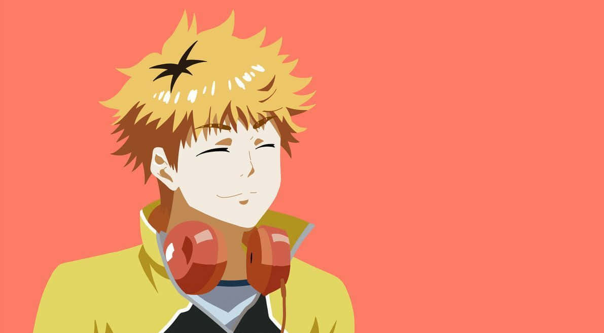 Hideyoshi Nagachika 桌布 壁紙 — 一個開朗的動漫男孩，有著刺刺的金色頭髮和紅色耳機，在純珊瑚色背景上微笑。