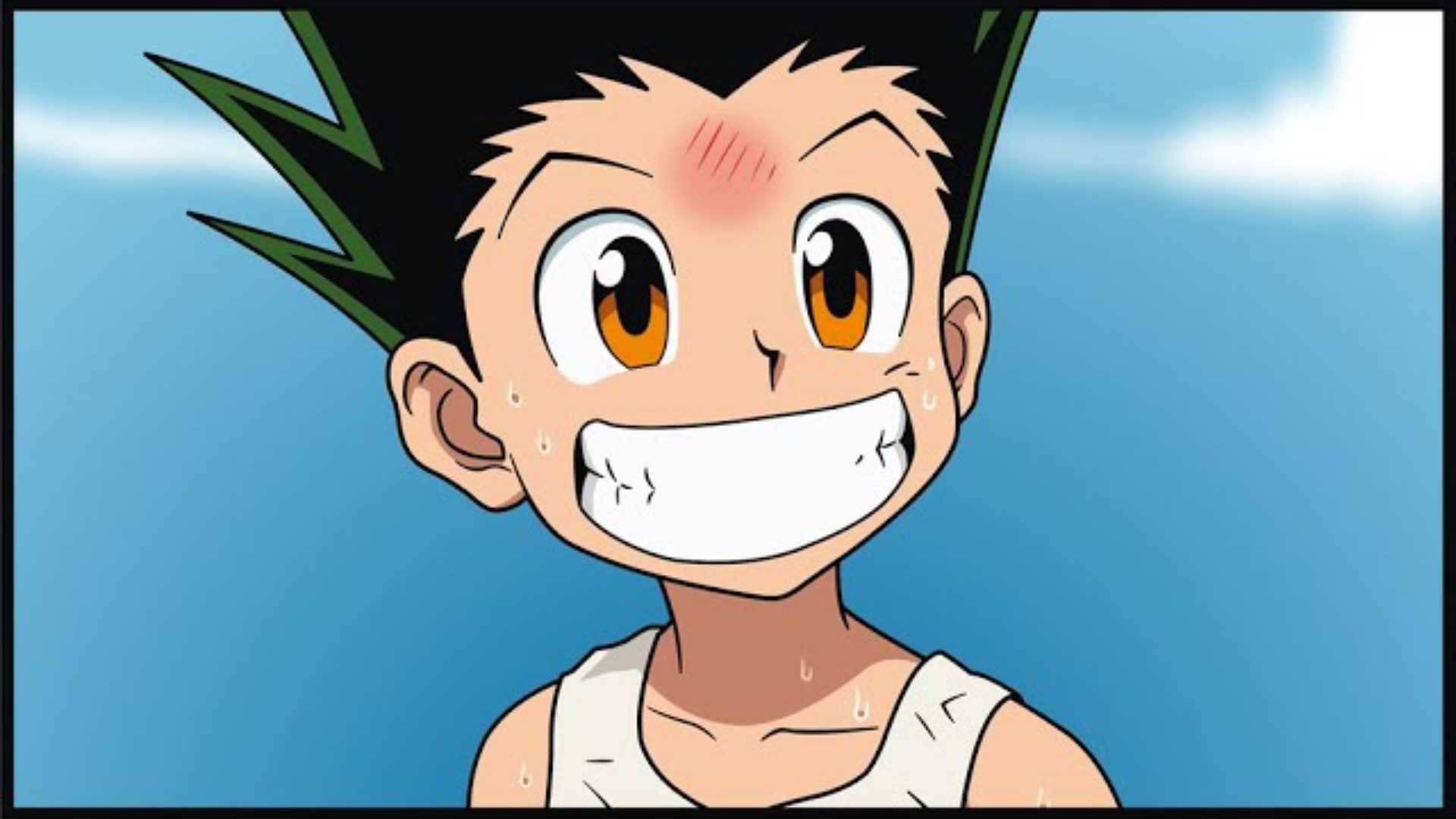 Gon 桌布 壁紙 — 一個開朗的動漫男孩，有著刺蝟般的黑髮和橙色眼睛，在明亮的藍天下汗流浹背地微笑。