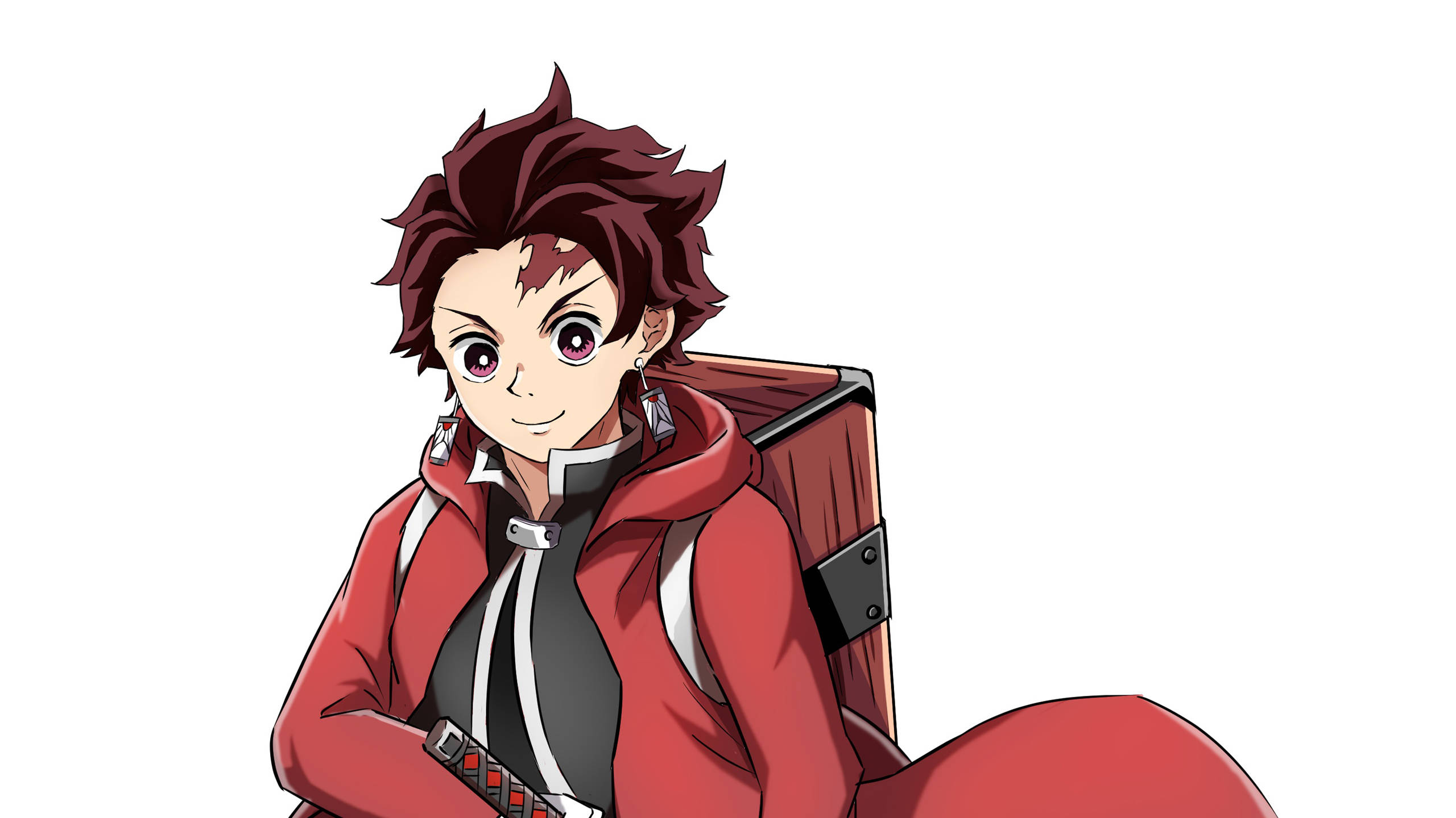tanjiro pfp 桌布 壁紙 — 一個開朗的動漫男孩，有著尖刺的紅髮和紅色外套，微笑著靠在木椅上。