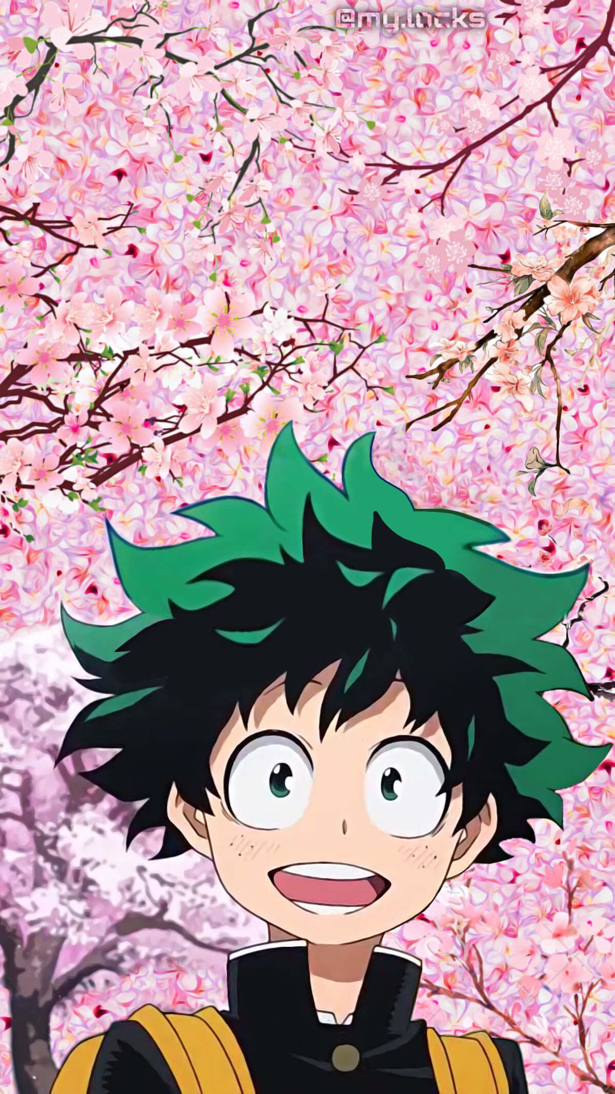 桌布 壁紙 — 一個開朗的動漫男孩，有著尖刺的綠色和黑色頭髮，在粉紅色櫻花樹冠下微笑。