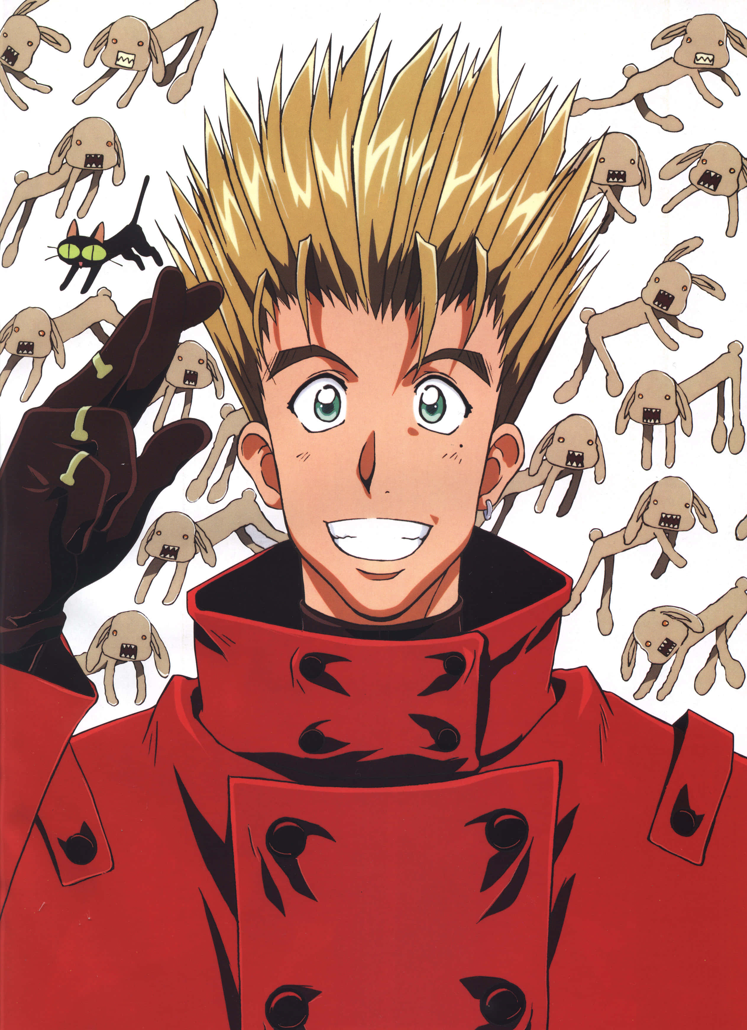 Vash The Stampede 桌布 壁紙 — 一個開朗的動漫男孩，有著尖刺金髮和綠色眼睛，穿著紅色外套，周圍環繞著漂浮的卡通狗和一隻黑貓。