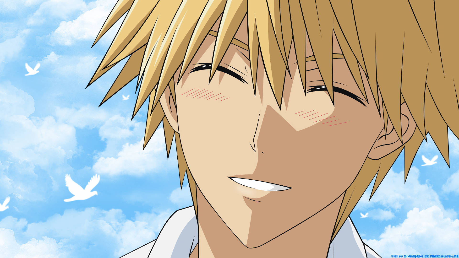 Maid Sama 桌布 壁紙 — 一個開朗的動漫男孩，有著尖刺金髮，在充滿白雲和飛鳥的明亮藍天下溫柔微笑。