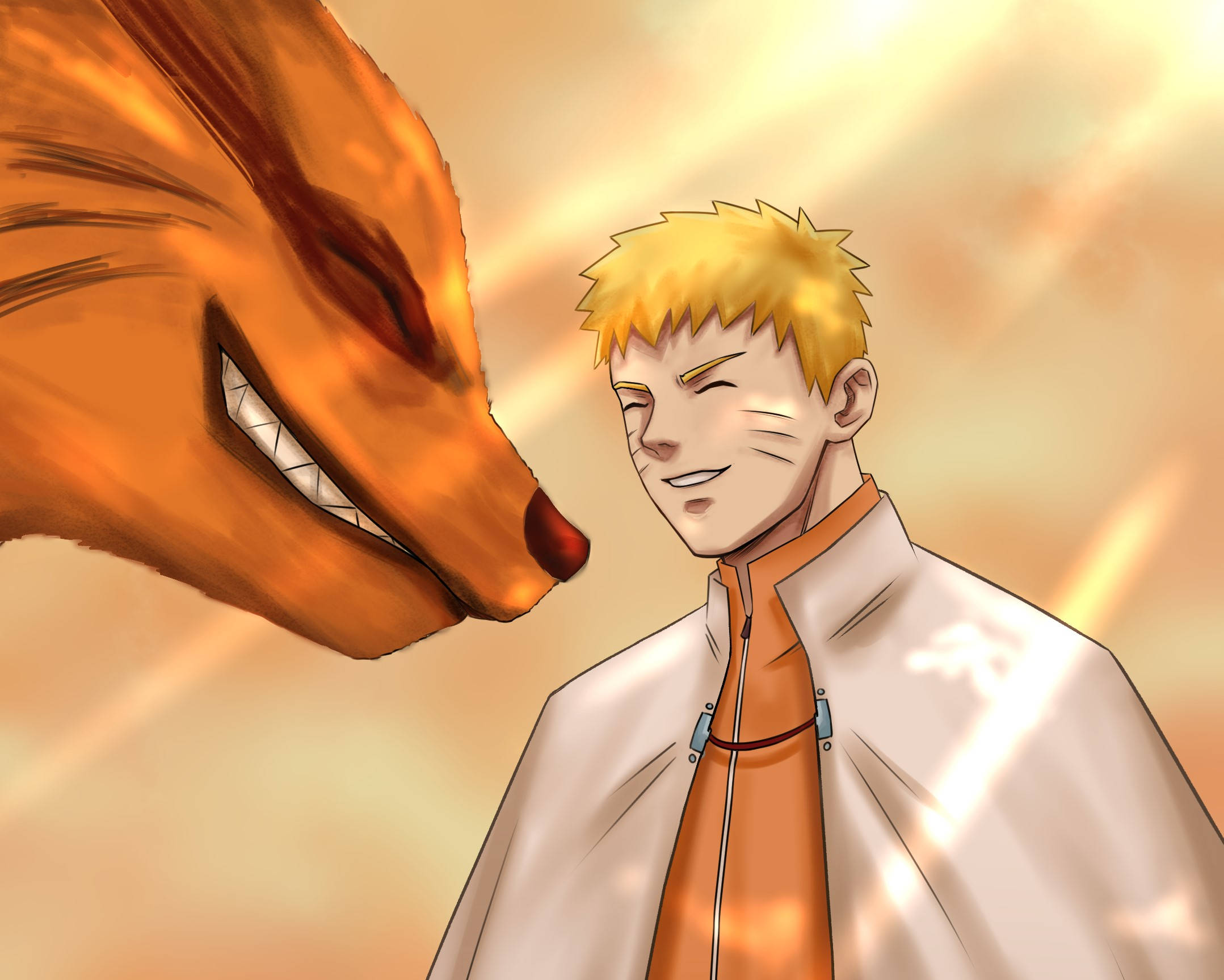 Kurama 桌布 壁紙 — 一個開朗的動漫男孩，有著尖刺金髮，在一隻擁有鋒利牙齒和發光眼睛的大橙色狐狸旁邊溫暖地微笑。