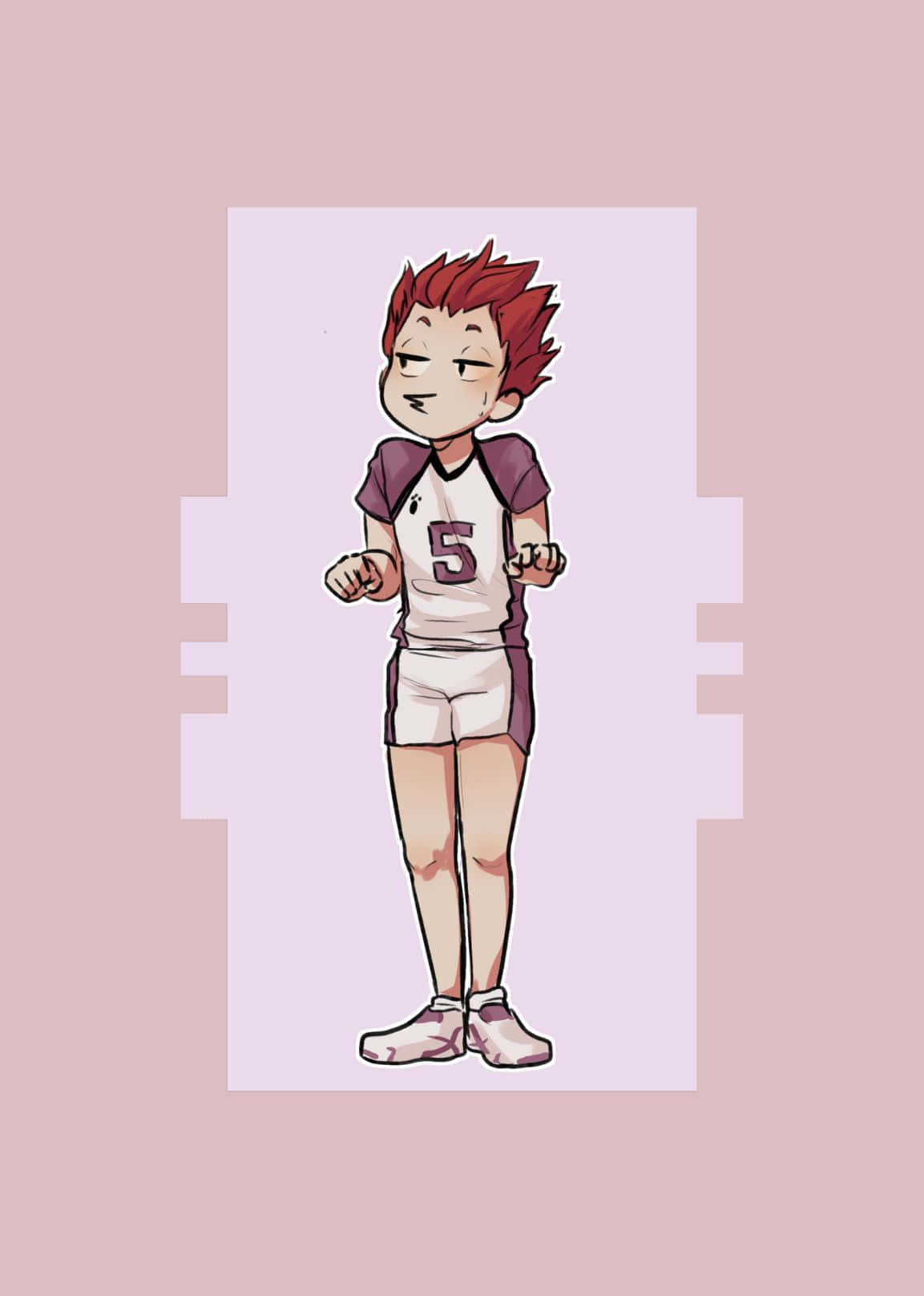 Tendo Satori 桌布 壁紙 — 一個開朗的動漫男孩，有著紅色刺蝟頭，身穿白色和紫色的排球球衣，號碼是五號，自信地站著。