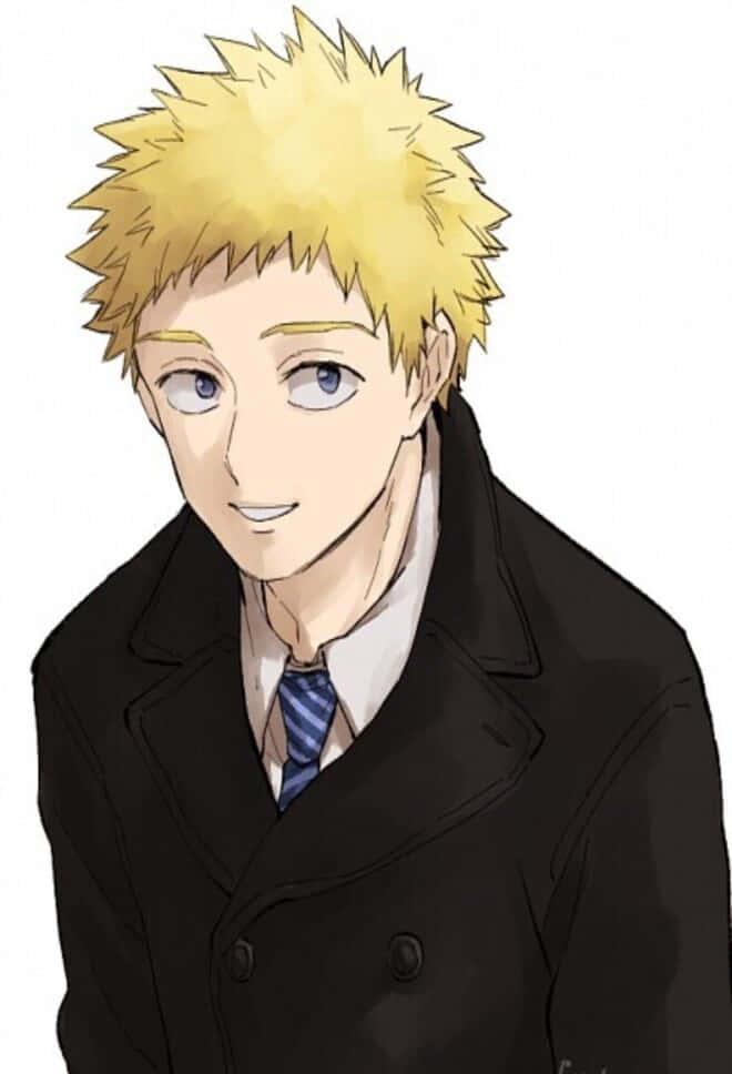 Teruki Hanazawa 桌布 壁紙 — 一個開朗的動漫男孩，金色尖刺頭髮和藍色眼睛，穿著黑色外套，內搭白襯衫和條紋領帶。