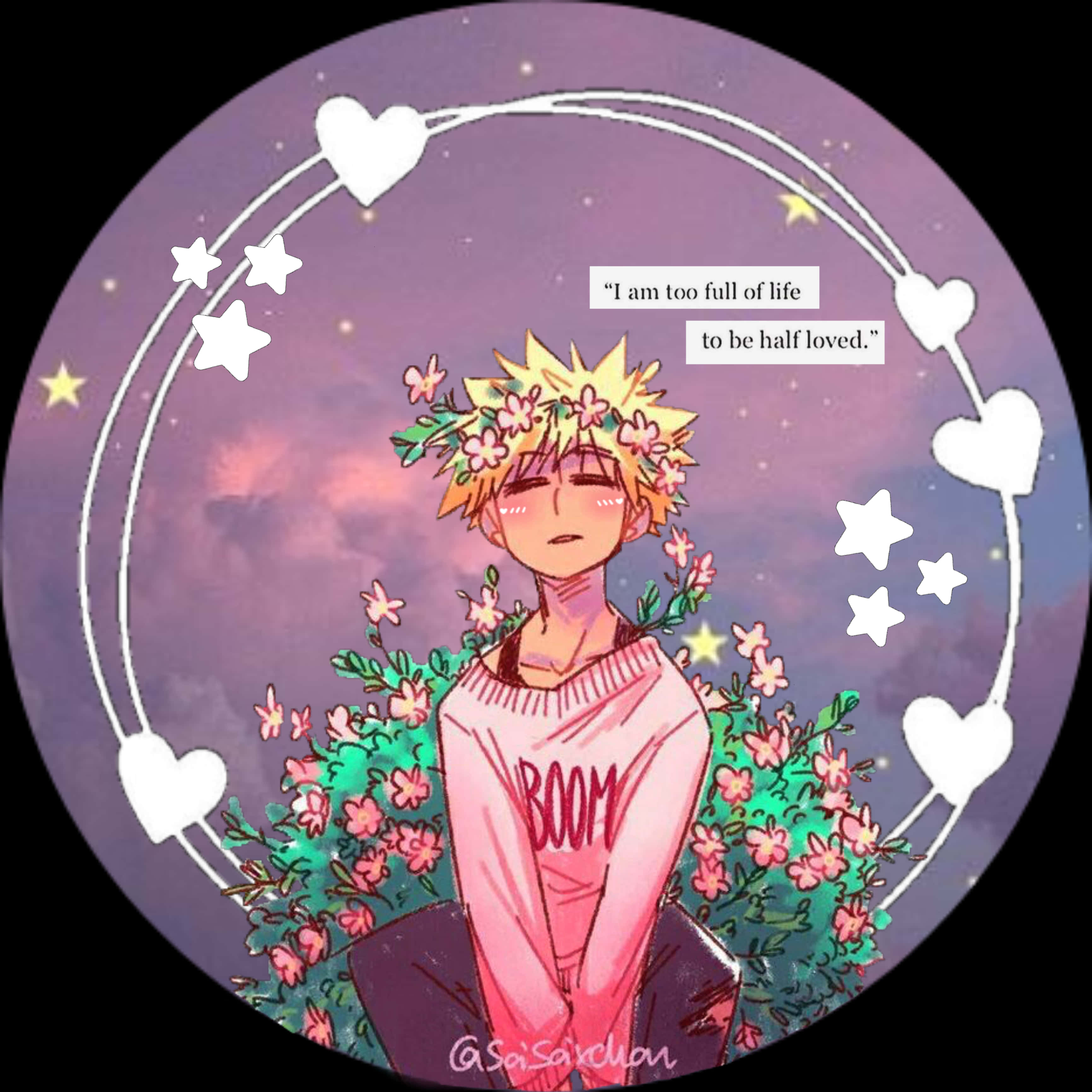 爆豪 桌布 壁紙 — 一個開朗的動漫男孩，頭髮尖尖，戴著花冠，坐在粉紅色的花朵中，背景是紫色的星空，周圍環繞著心形和星星。