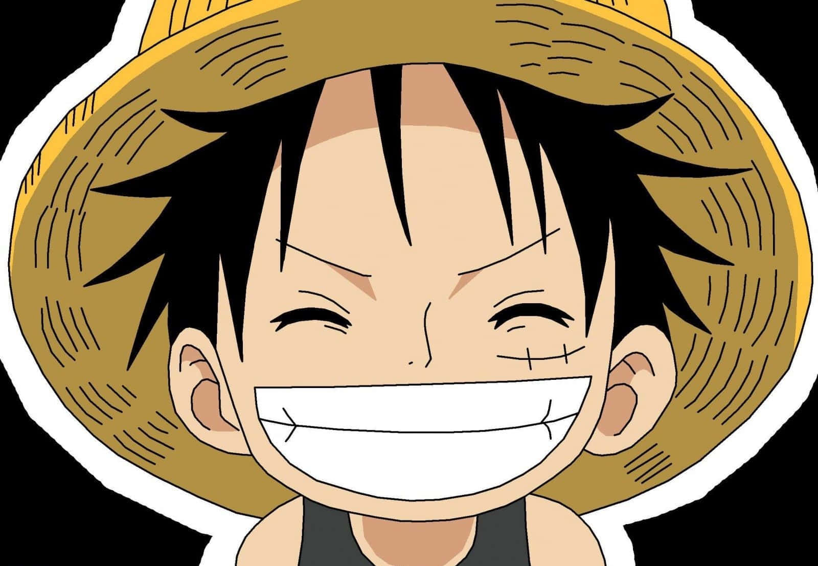 Cool Luffy 桌布 壁紙 — 一個開朗的動漫男孩，黑色刺蝟頭，戴著草帽，在黑色背景前咧嘴大笑，嘴唇縫合。