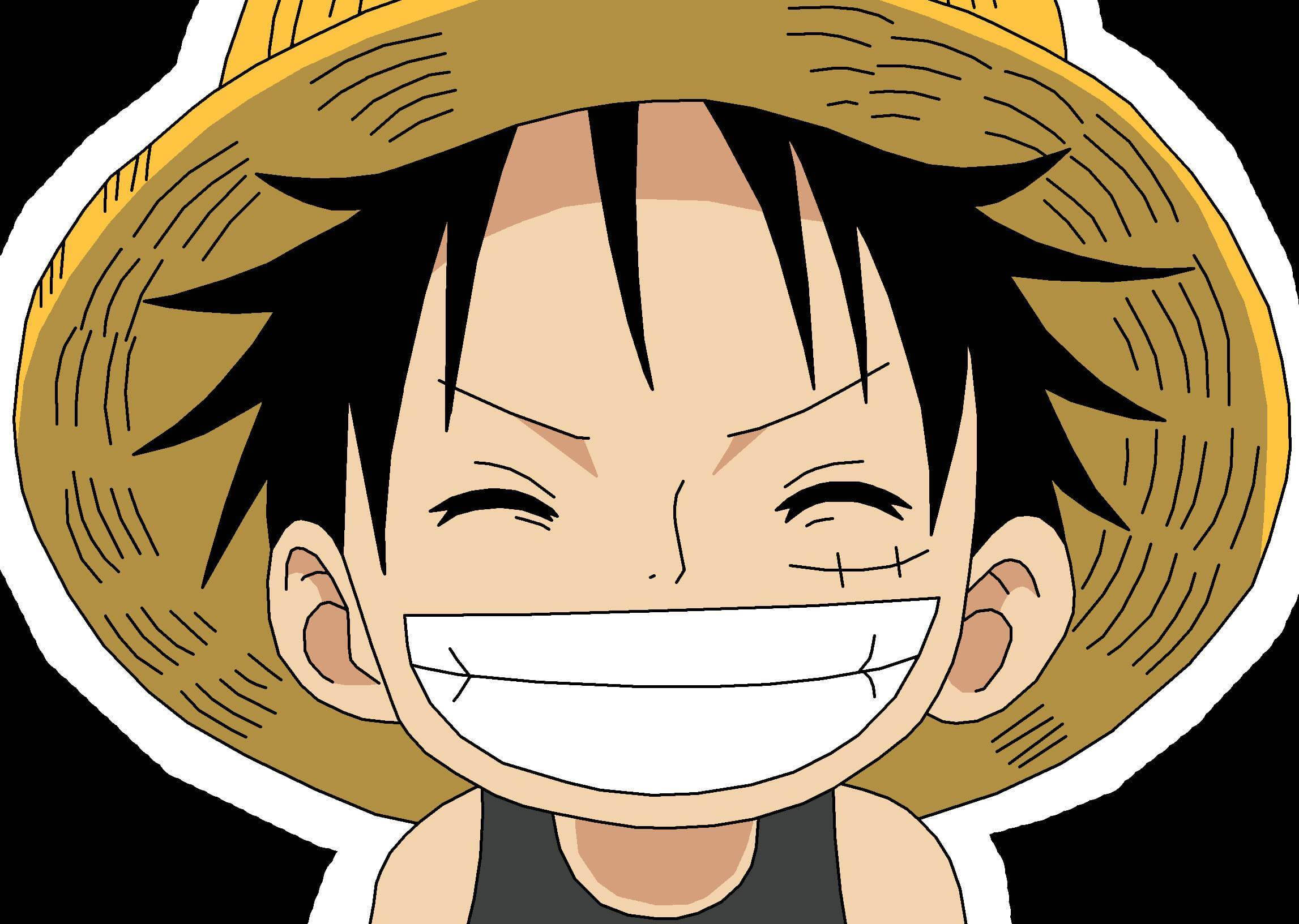 Smile 桌布 壁紙 — 一個開朗的動漫男孩，黑色刺蝟頭，戴著草帽，在黑色背景前咧嘴大笑，臉頰上有縫合痕跡。