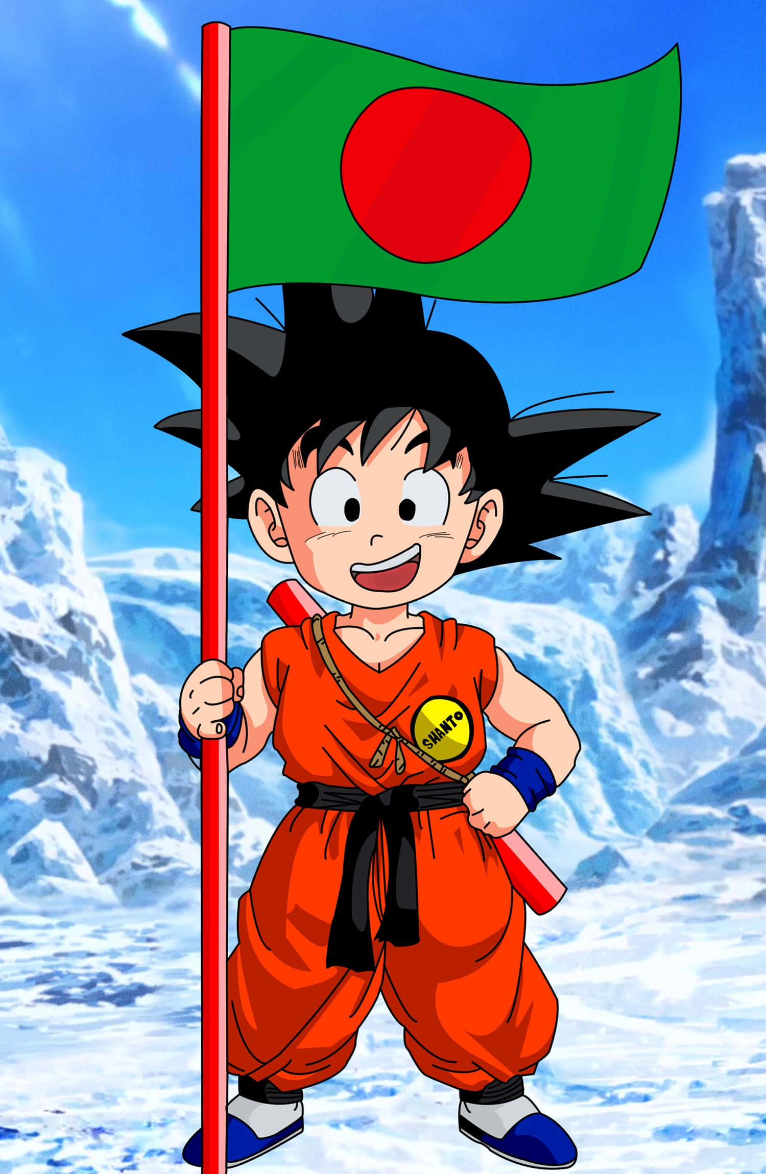 kid goku 桌布 壁紙 — 一個開朗的動漫男孩穿著橙色道服，在明亮的藍天下以雪山為背景，手持孟加拉國國旗。