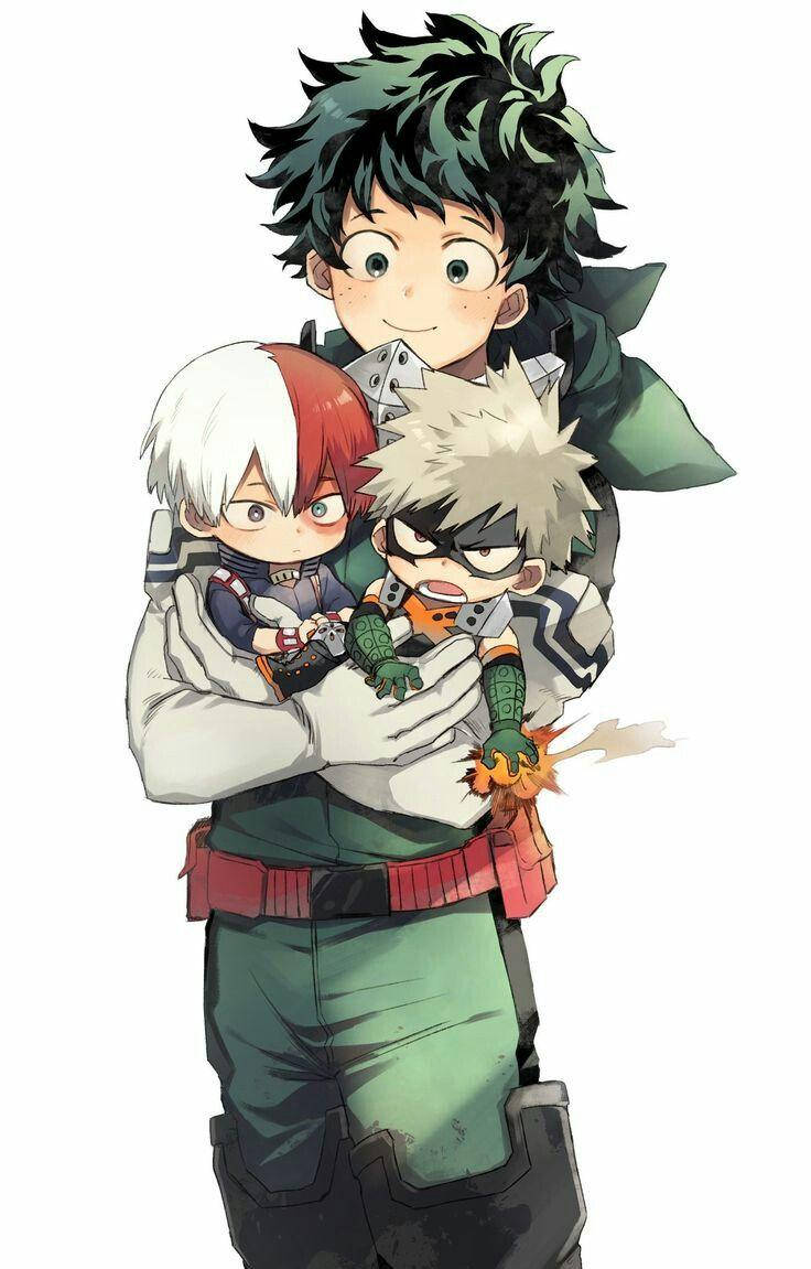 Todobakudeku 桌布 壁紙 — 一個開朗的動漫英雄在溫暖的風格化插圖中擁抱兩個較小的英雄。