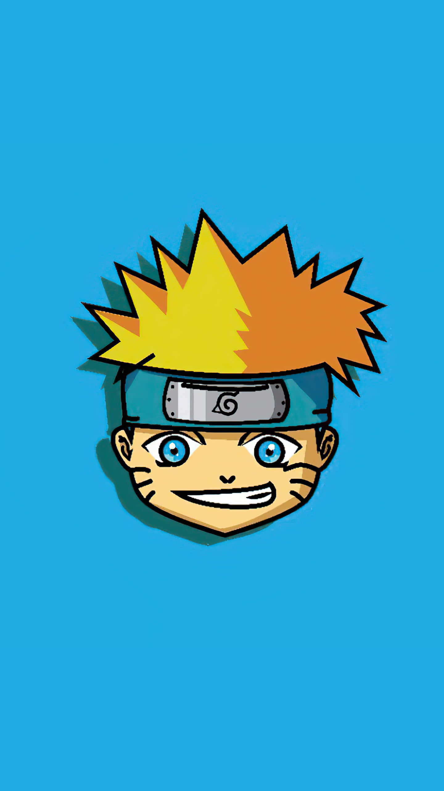 桌布 壁紙 — 一個開朗的動漫角色，擁有尖刺的橙色頭髮和藍色眼睛，在純藍色背景上戴著頭帶。