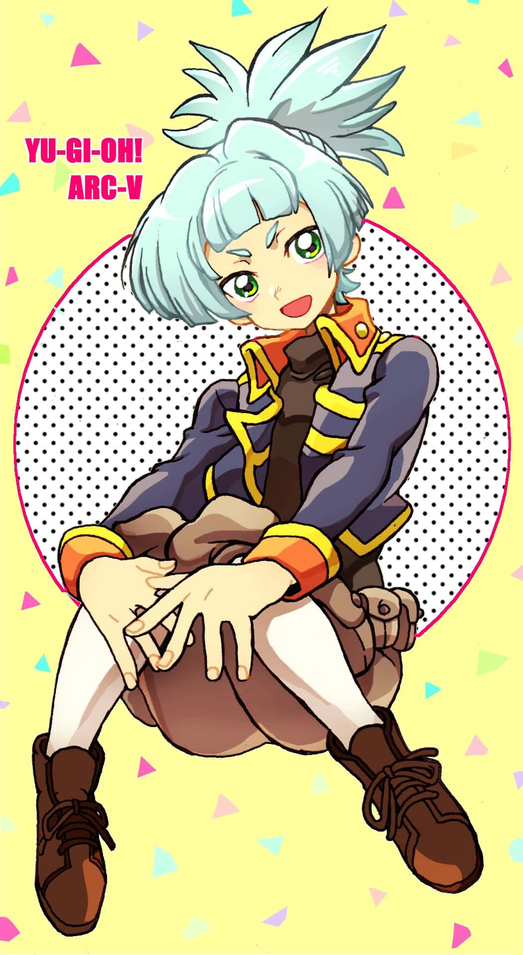 Sora Shiunin 桌布 壁紙 — 一個開朗的動漫角色，擁有尖刺的藍色頭髮和綠色眼睛，盤腿坐在一個圓點圖案的圓圈上，背景是帶有彩色三角形的淡黃色。