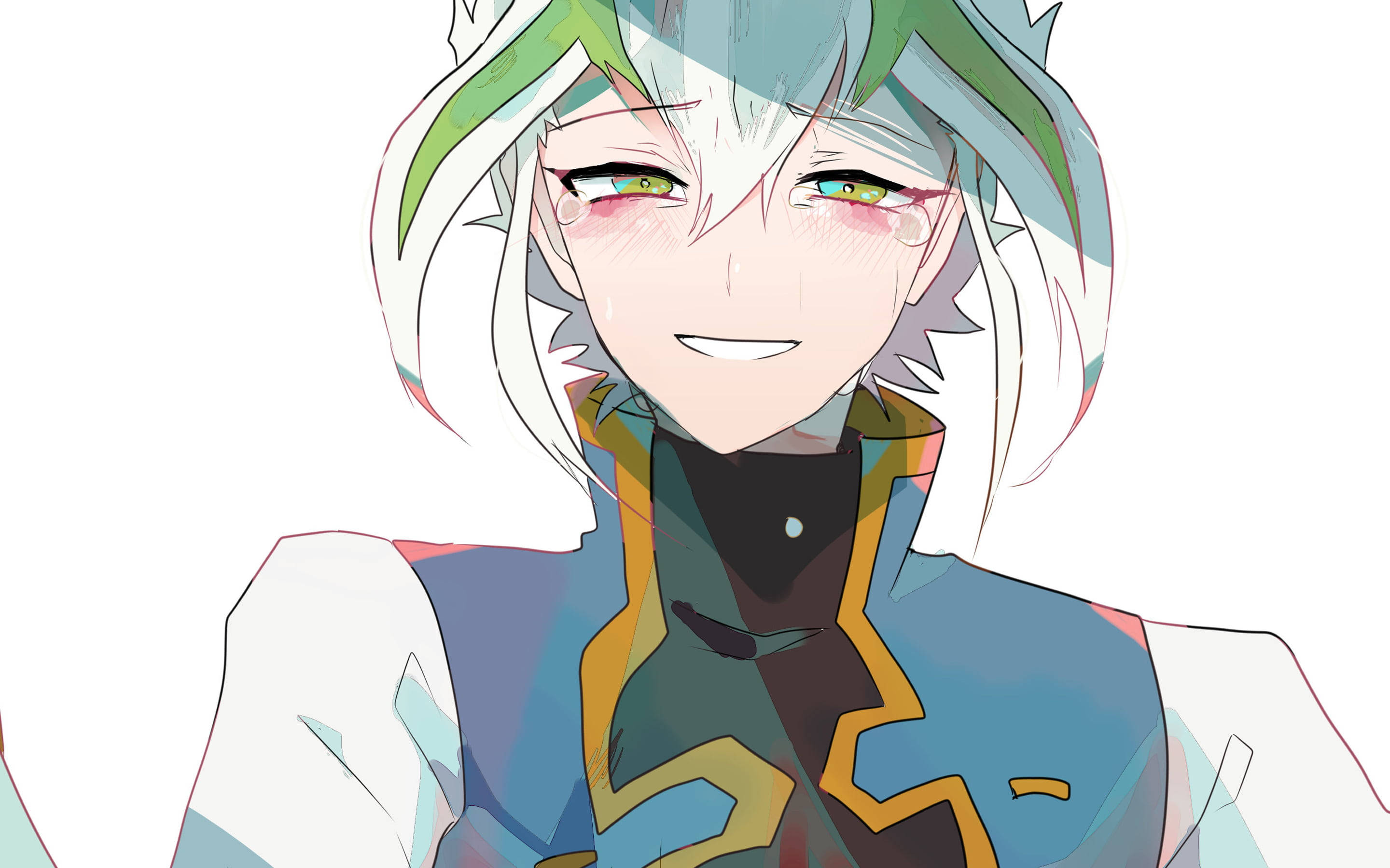 Yu Gi Oh 桌布 壁紙 — 一個開朗的動漫角色，擁有綠色和白色的頭髮以及色彩繽紛的眼睛，在純白色背景上溫暖地微笑。