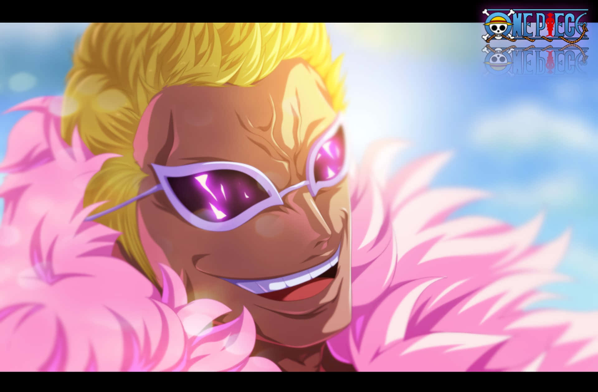 Donquixote Doflamingo 桌布 壁紙 — 一個開朗的動漫角色，有著尖刺的金色頭髮和發光的粉紅色太陽眼鏡，在明亮的藍天下燦爛地微笑。
