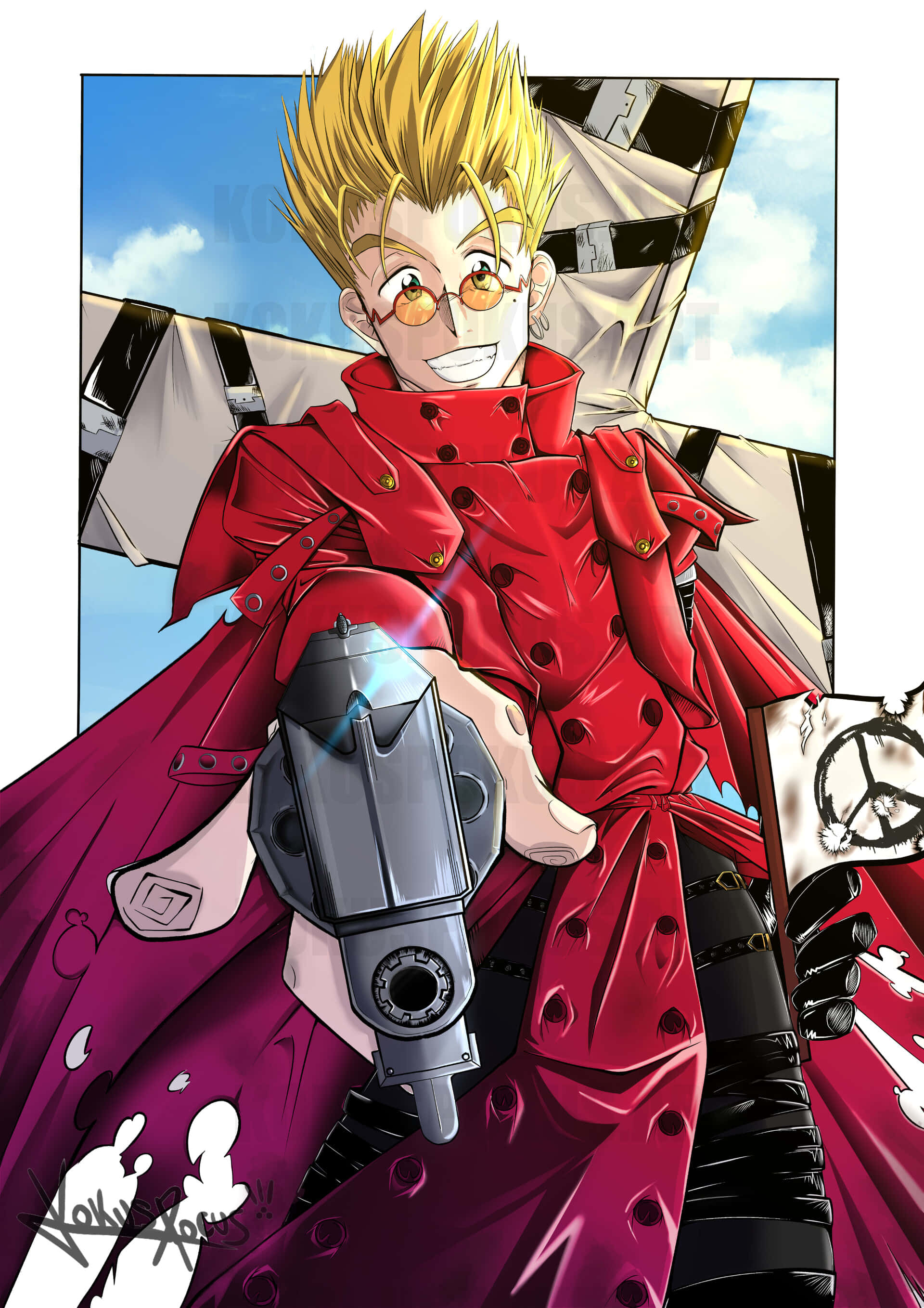 Trigun 桌布 壁紙 — 一個開朗的動漫角色，有著尖刺金髮和眼鏡，在藍天下以格子背景揮舞著未來風格的槍。