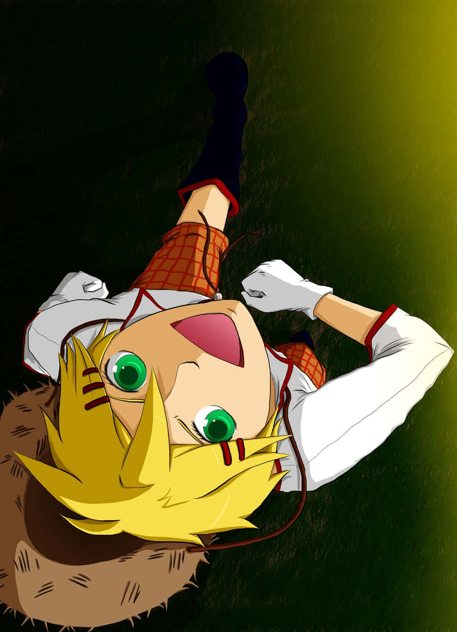 Finnian 桌布 壁紙 — 一個開朗的動漫角色，有著尖刺金髮和綠色眼睛，倒掛在草地上，雙臂舉起，充滿玩樂的喜悅。