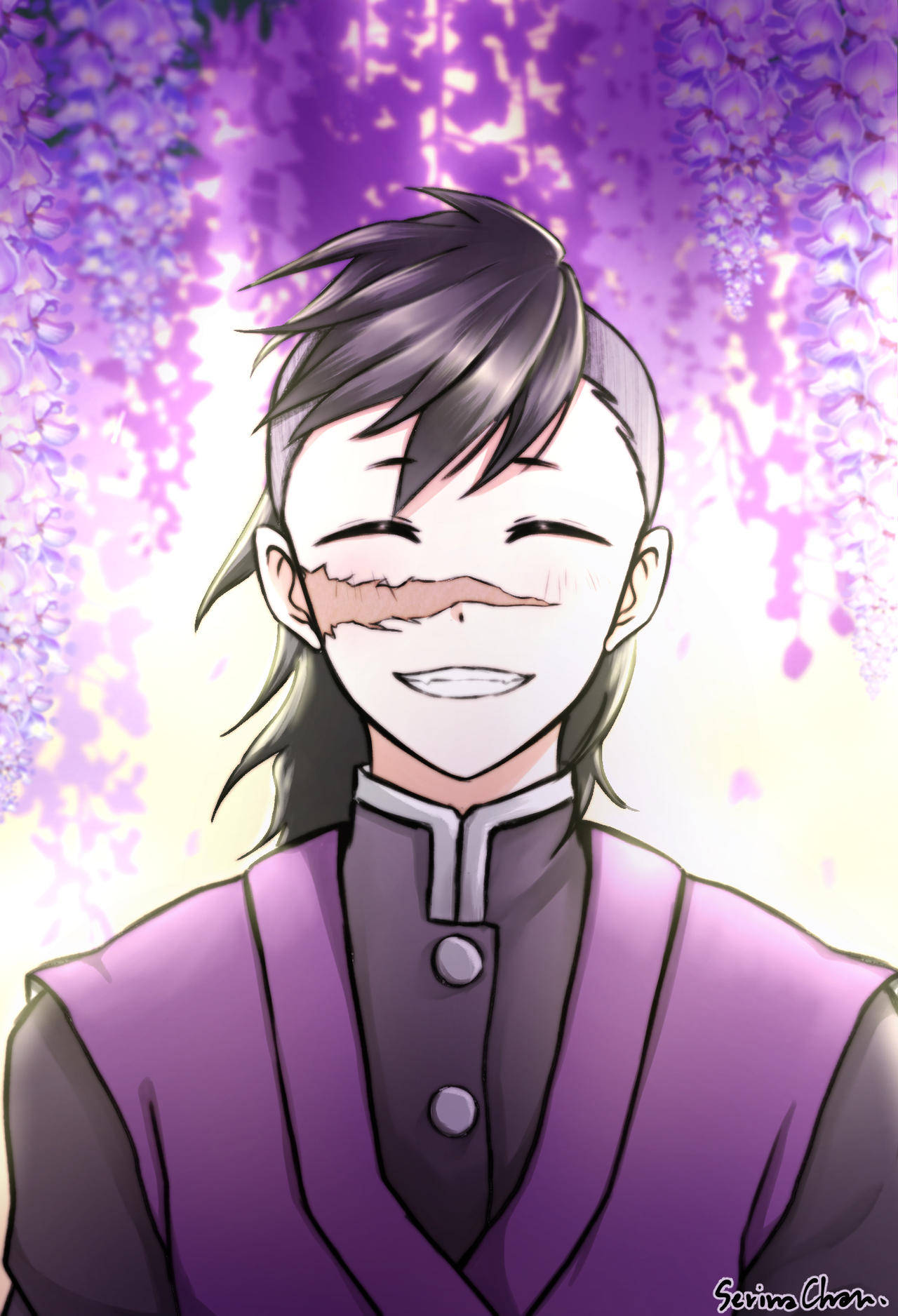 genya 桌布 壁紙 — 一個開朗的動漫角色，深色頭髮，穿著紫色衣服，在紫藤花瀑布下微笑。