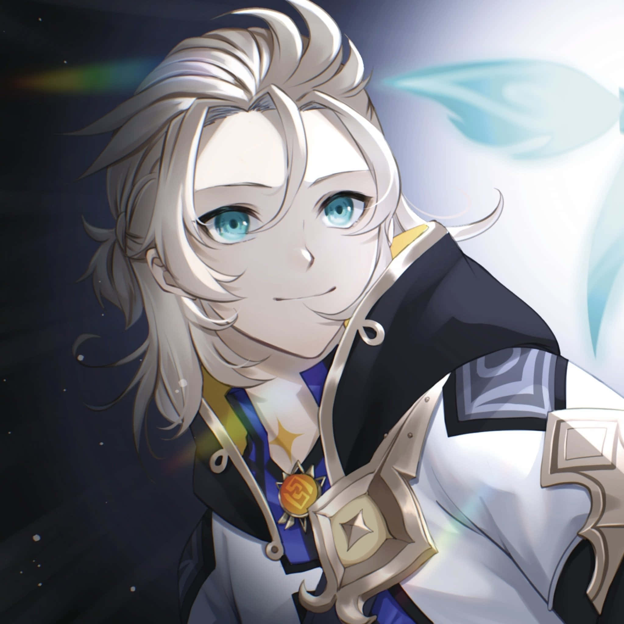 Genshin Impact Albedo 桌布 壁紙 — 一個開朗的動漫角色，銀色頭髮和藍色眼睛，在星光燦爛的宇宙背景下微笑，帶有發光效果。