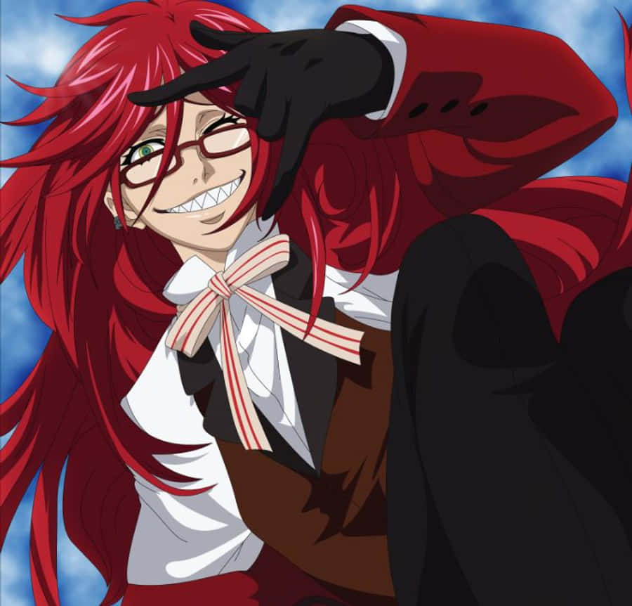 Grell Sutcliff 桌布 壁紙 — 一個開朗的動漫角色，長長的紅頭髮和眼鏡，戴著手套的手在藍天背景下敬禮。