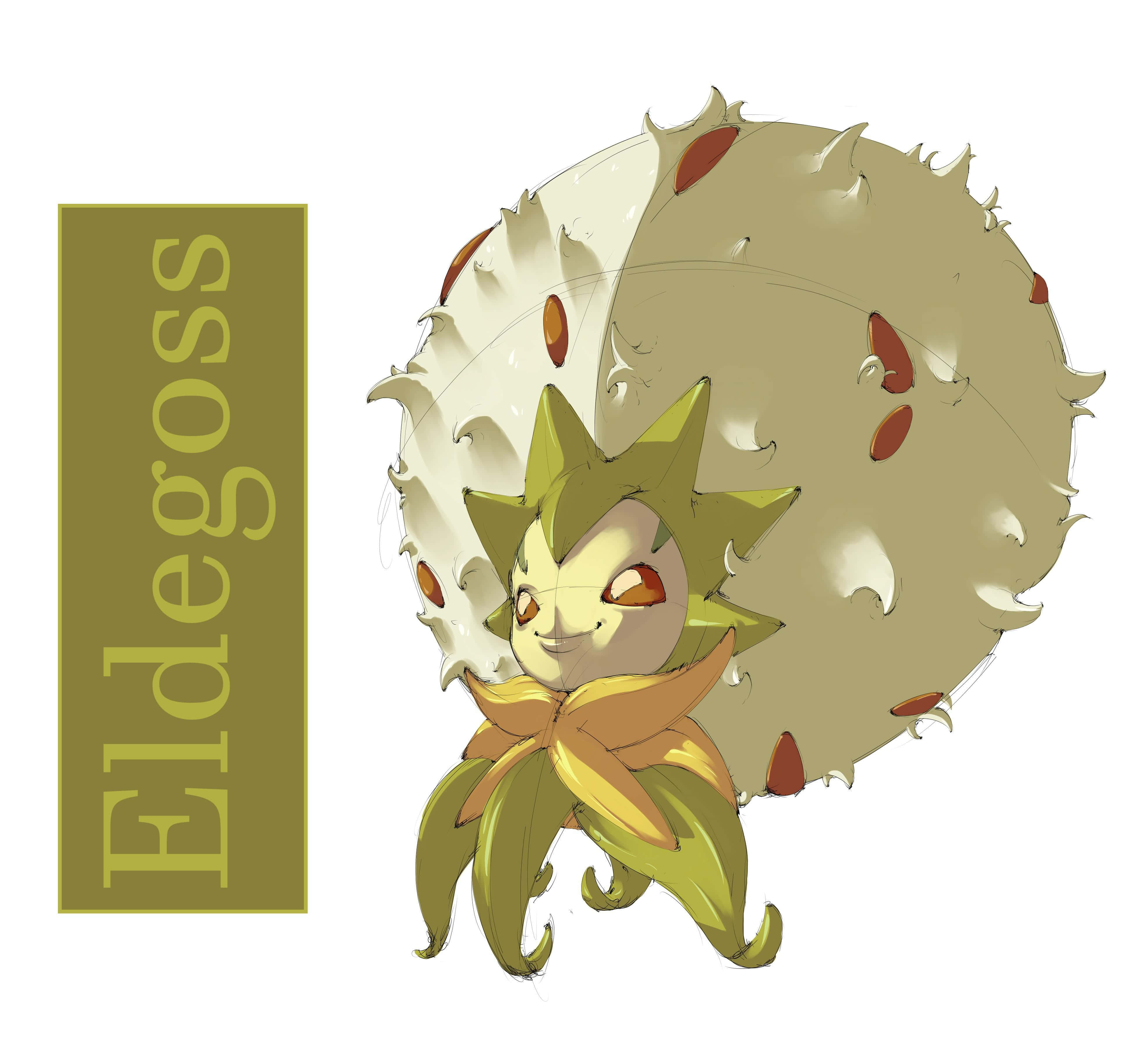 藝術 桌布 壁紙 — 一個開朗的動漫風格Eldegoss，擁有綠色尖刺頭髮和一個飾有紅色種子的大型米色外殼。