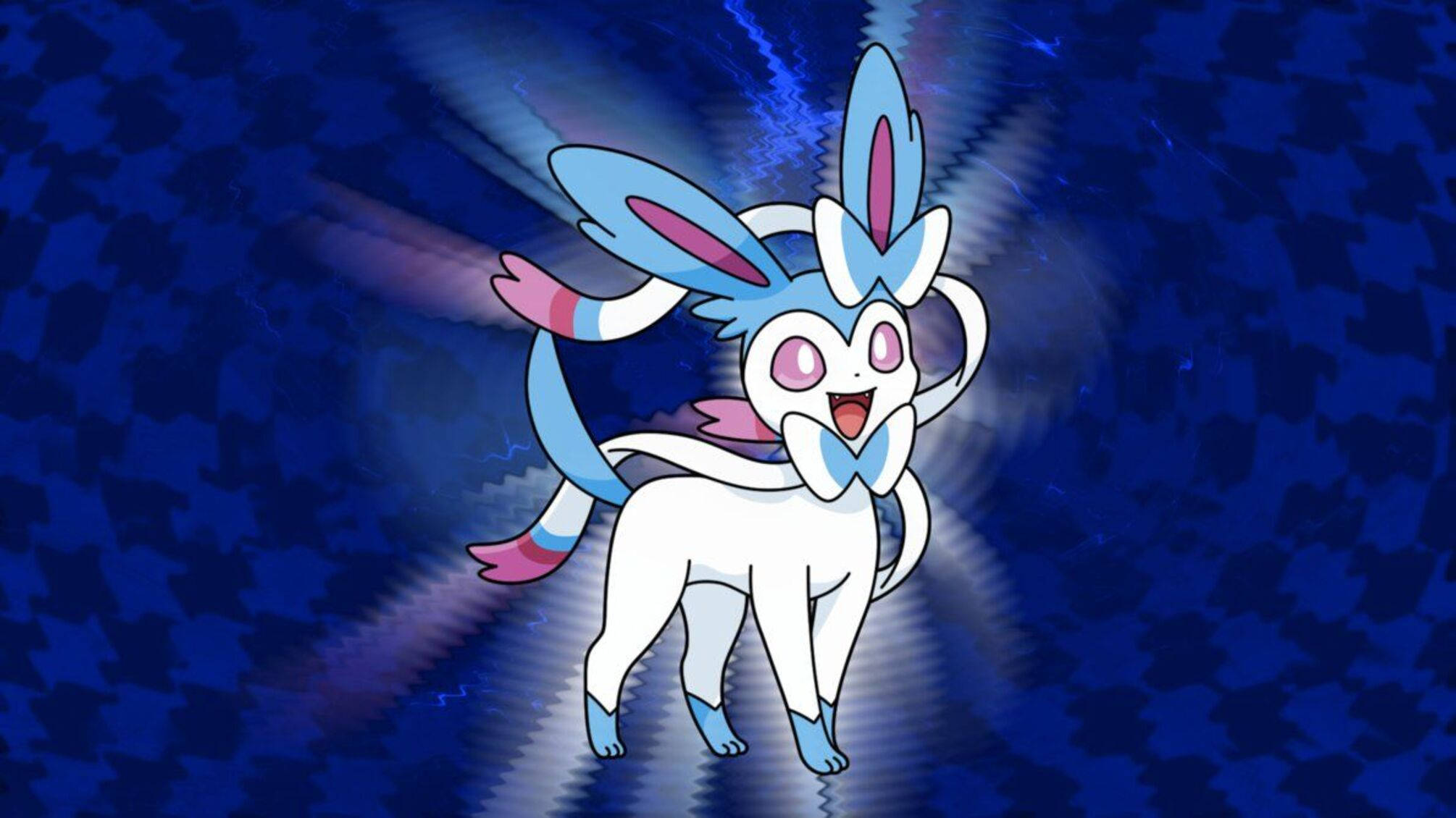 Sylveon 桌布 壁紙 — 一個開朗的動漫風格仙子伊布在帶有電能效果的動態藍色圖案背景上發光。