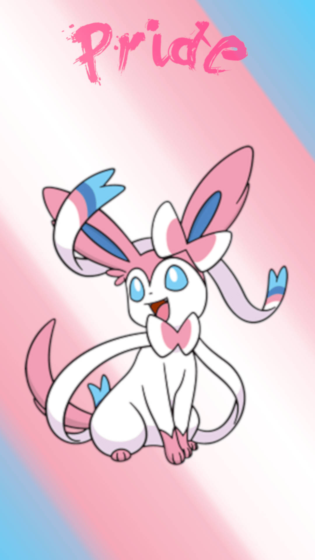 Sylveon 桌布 壁紙 — 一個開朗的動漫風格仙子伊布坐在柔和的粉紅色和藍色漸變背景上，上方寫著Pride一詞。