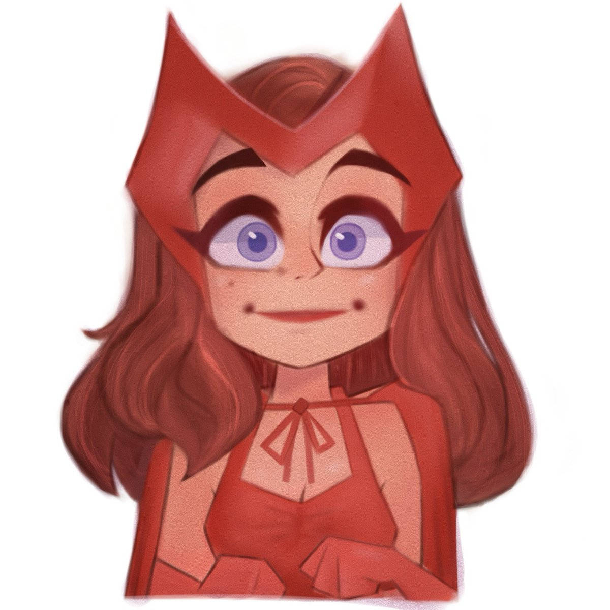 Wanda 桌布 壁紙 — 一個開朗的動漫風格女孩，紅髮戴紅色角頭盔，在純白背景上溫暖微笑。