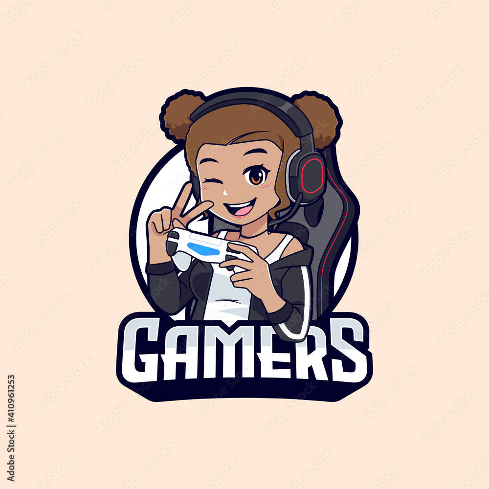 Gamer Logo 桌布 壁紙 — 一個開朗的動漫風格女孩紮著雙馬尾，眨眼間拿著遊戲控制器並做出和平手勢。