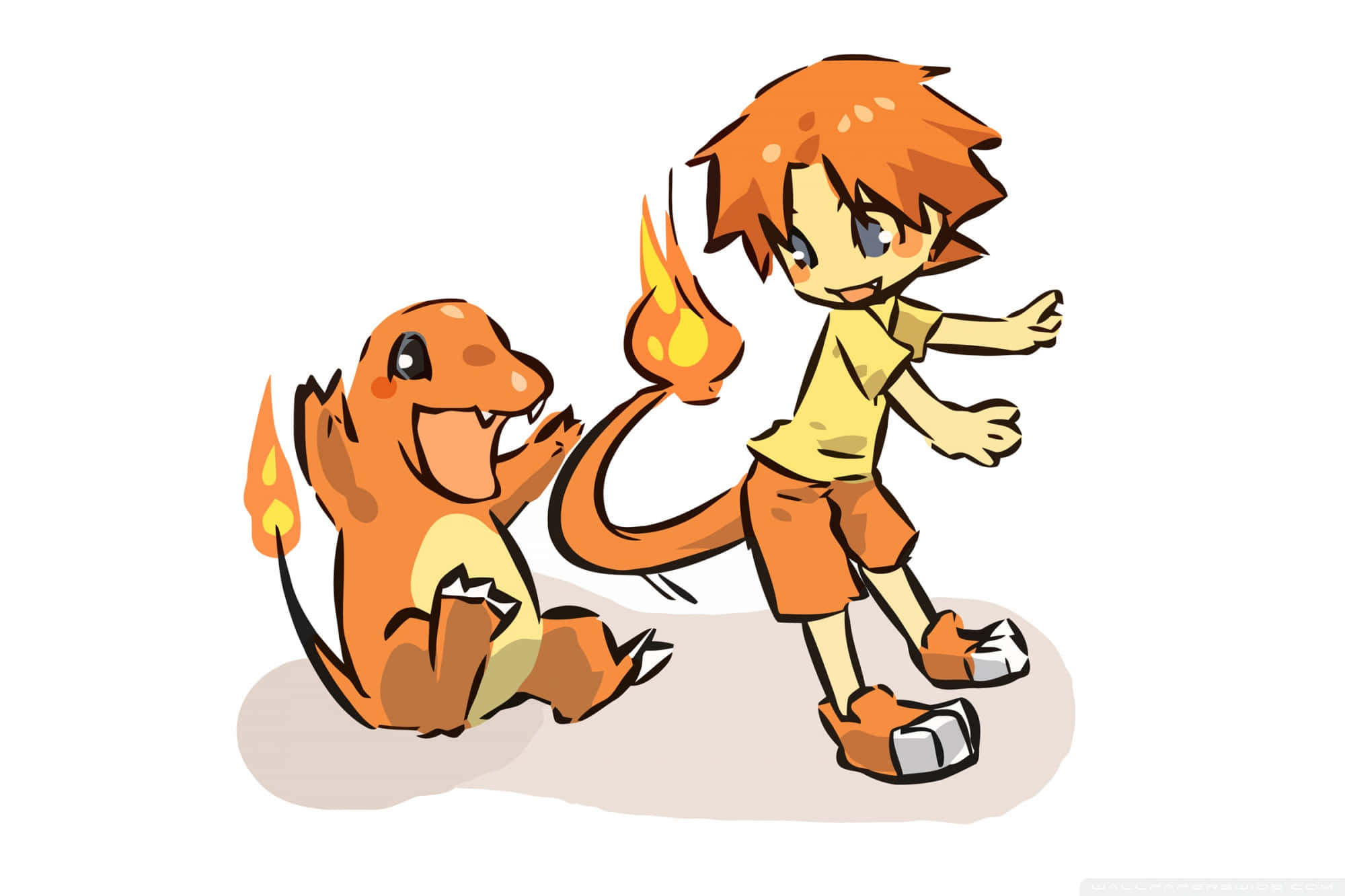 Cute Charmander 桌布 壁紙 — 一個開朗的動漫風格男孩，橙色頭髮，站在微笑的 Charmander 旁邊，兩者都閃耀著火焰尾巴，背景簡潔。
