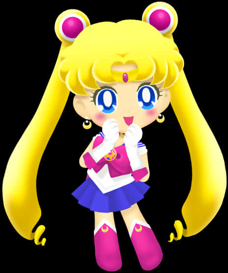 動漫 桌布 壁紙 — 一個開朗的動漫風格美少女戰士，長長的金色頭髮，粉紅色和藍色的水手服，黑色背景。