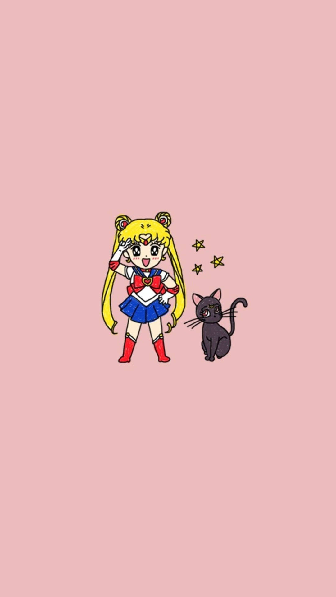 美少女戰士和她的黑貓同伴，附近有星星漂浮在粉紅色背景上。