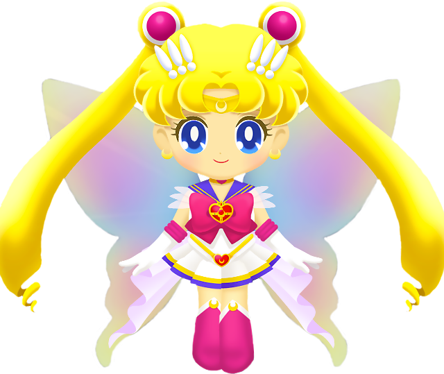 sailor 桌布 壁紙 — 一個開朗的動漫風格美少女戰士角色，擁有金色雙馬尾和翅膀，背景為深藍色。