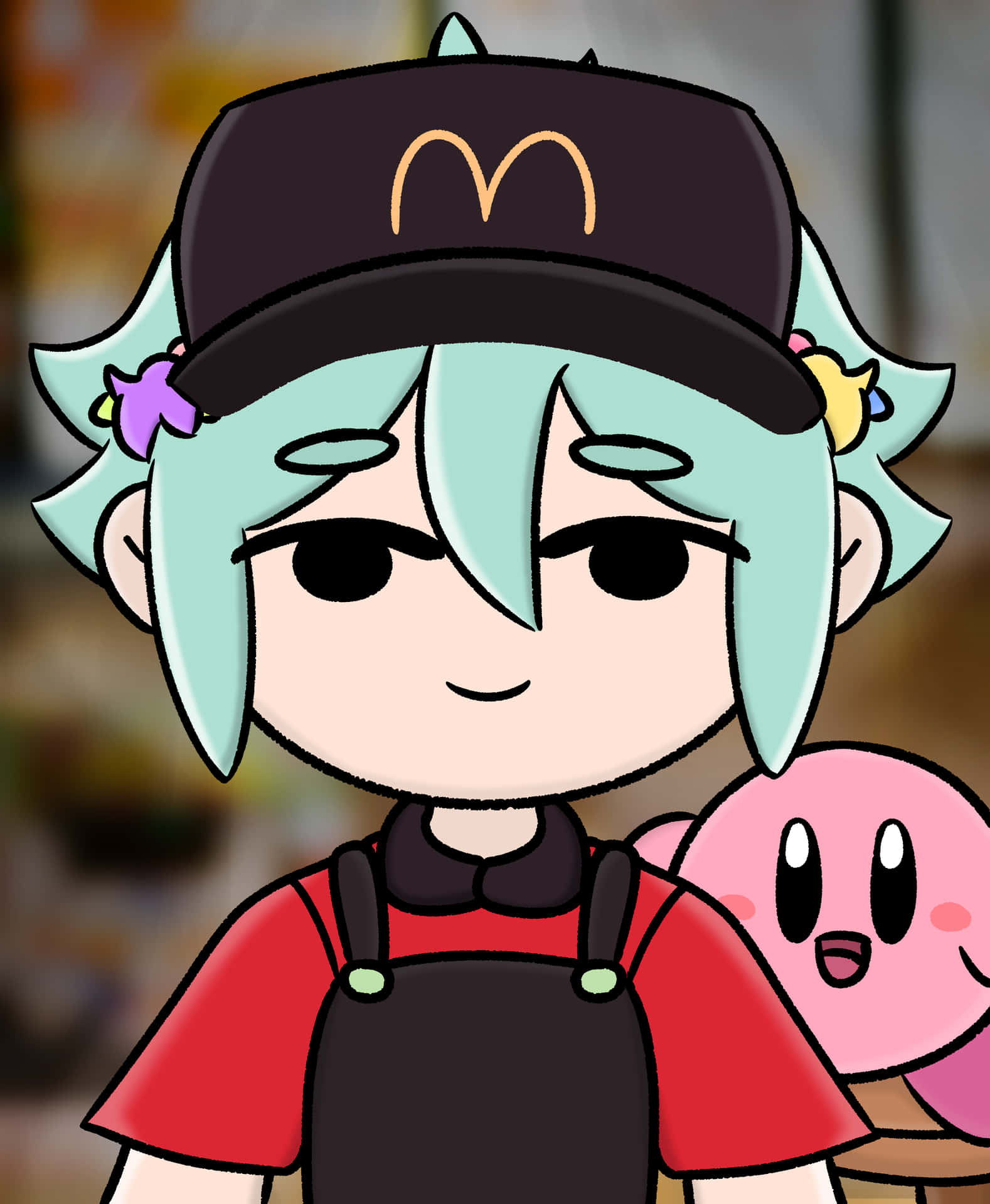 動漫角色，薄荷綠頭髮和麥當勞帽子，抱著卡比毛絨玩具。 — Omori GIF 壁紙