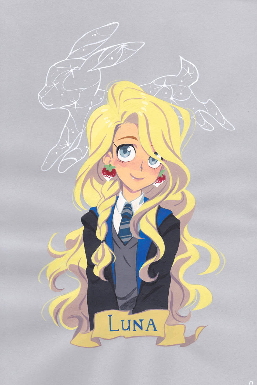 動漫角色露娜·洛夫古德穿著霍格華茲制服，戴著草莓耳環和幽靈般的兔子輪廓。 — 哈利波特 iPhone 桌布 壁紙
