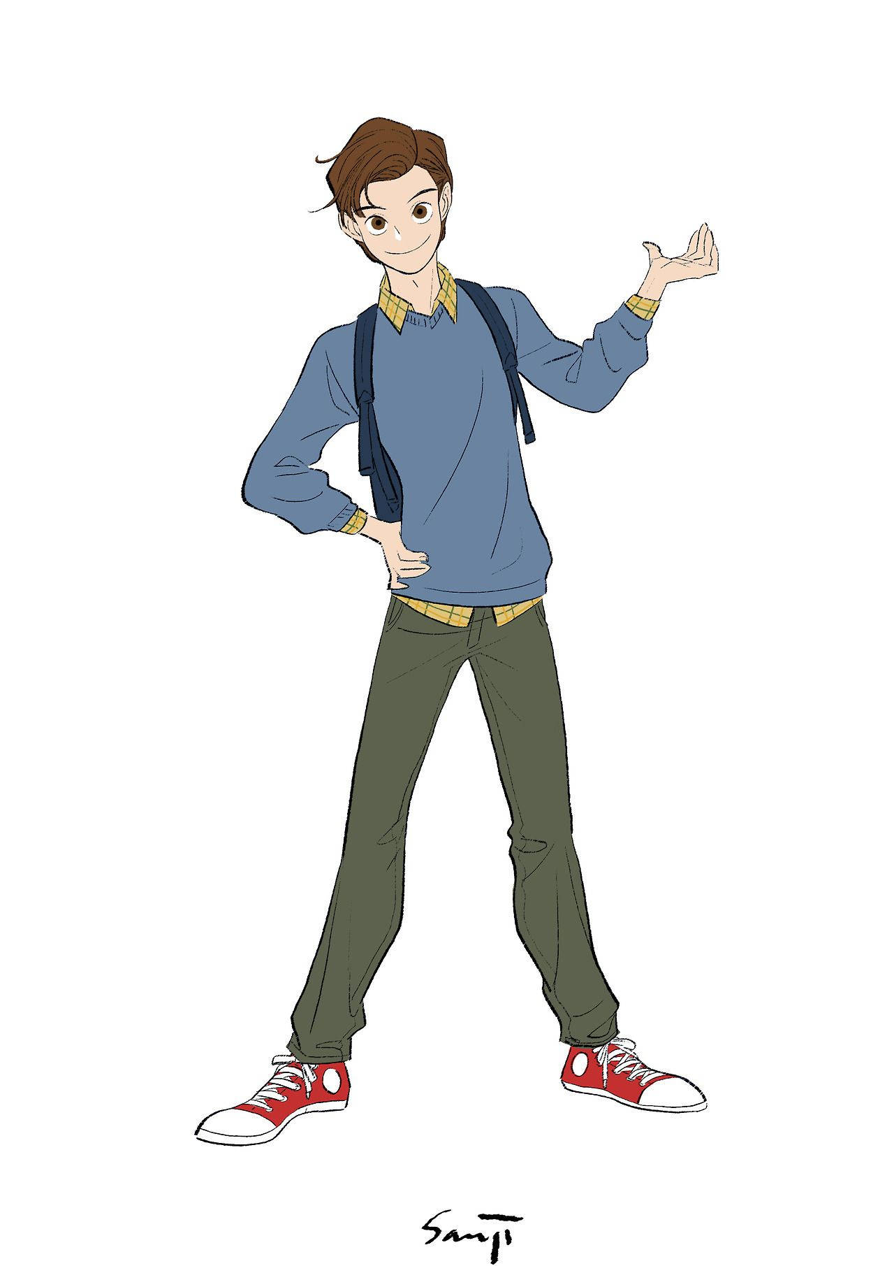 Peter Parker 桌布 壁紙 — 一個開朗的動漫風格青少年男孩，穿著藍色毛衣和紅色運動鞋，背著背包熱情地做手勢。