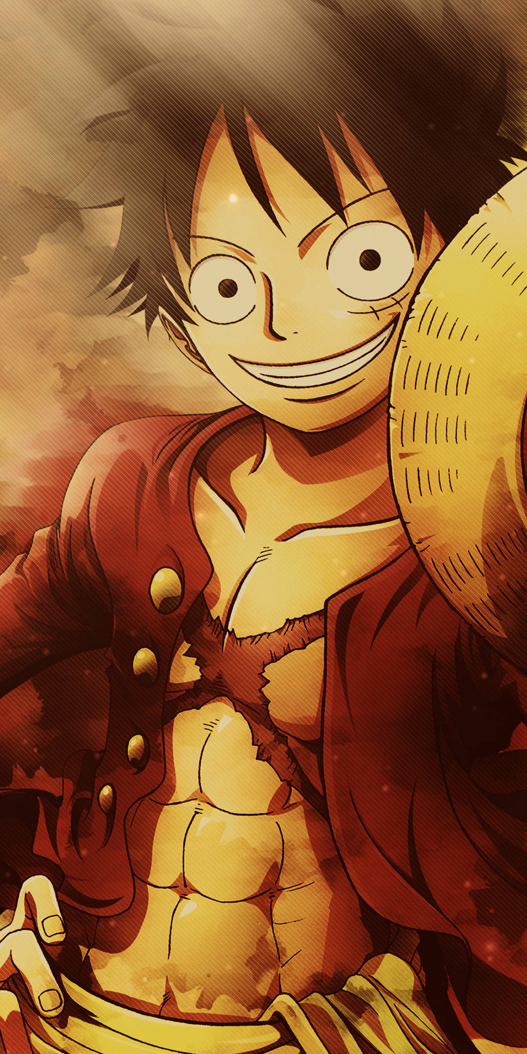One Piece Phone 桌布 壁紙 — 一個開朗的動畫海盜，有著刺刺的黑髮和紅色外套，在溫暖的金色天空下咧嘴大笑。