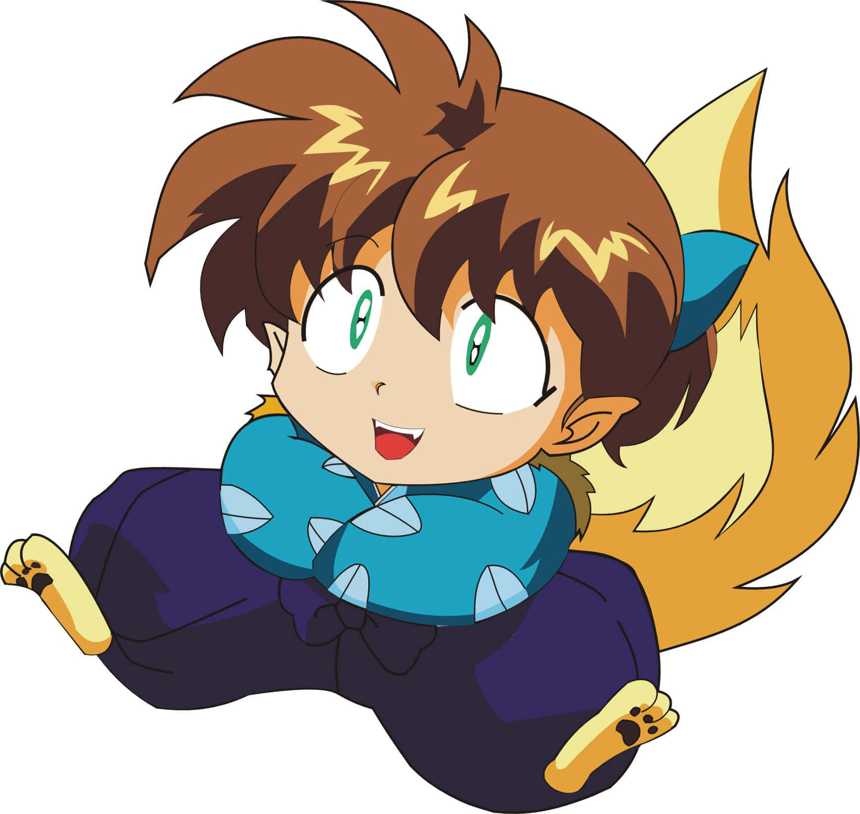 shippo 桌布 壁紙 — 一個開朗的動畫狐狸男孩，棕色頭髮、綠色眼睛和一條蓬鬆的尾巴，穿著藍色圖案上衣和紫色褲子微笑。