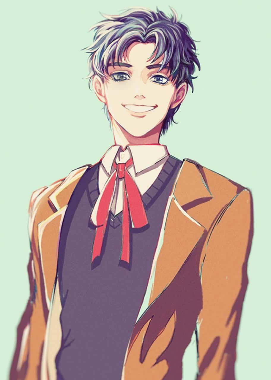 Jonathan Joestar 桌布 壁紙 — 一個開朗的動畫男孩，有著凌亂的灰色頭髮和明亮的藍色眼睛，穿著棕色西裝外套和紅色領結，溫暖地微笑。