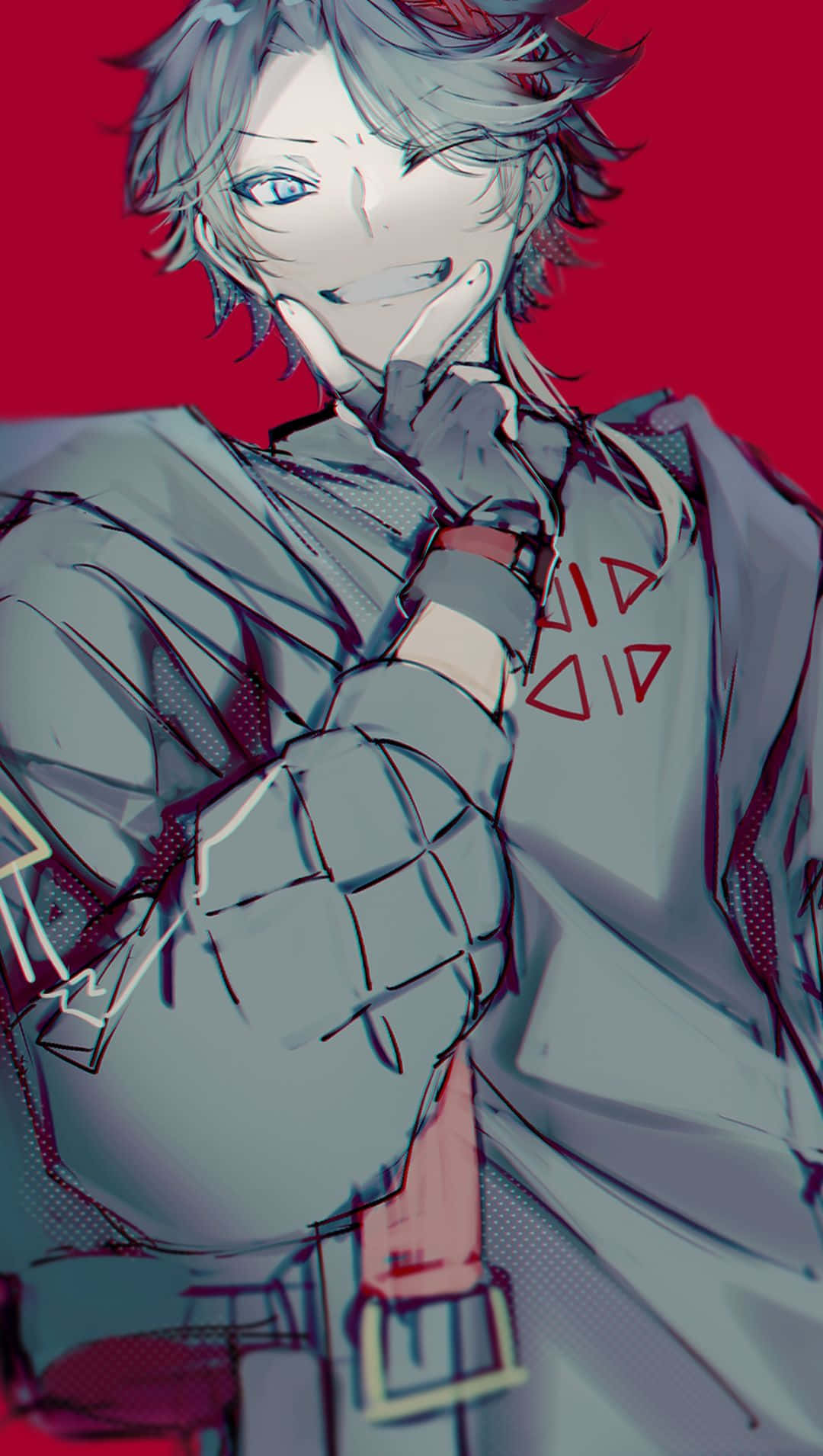 Cute Anime Boys 桌布 壁紙 — 一個開朗的動畫男孩，有著凌亂的灰髮和藍眼睛，在鮮紅色的背景前微笑著觸摸下巴。
