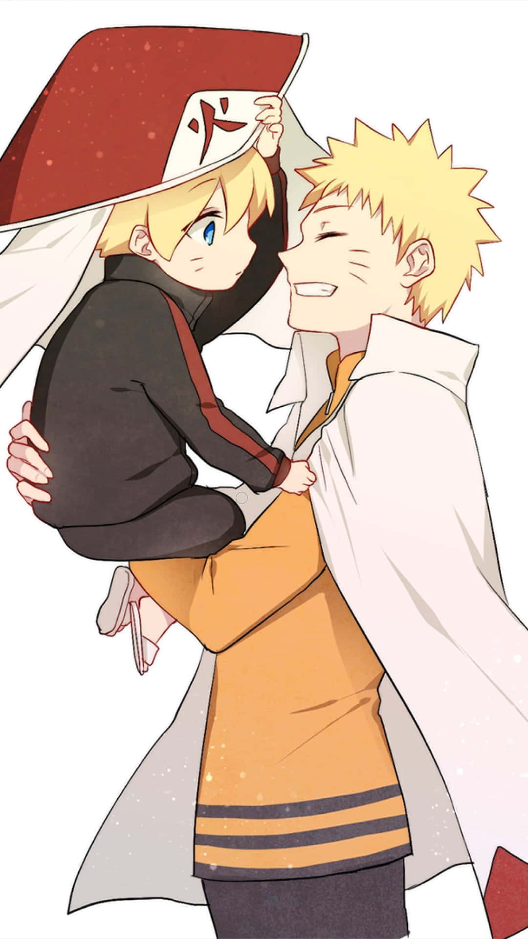 Boruto And Naruto 桌布 壁紙 — 一個開朗的動畫男孩，有著刺刺的金色頭髮，抱著一個戴紅帽的小孩，兩人在純白背景前溫暖地微笑。