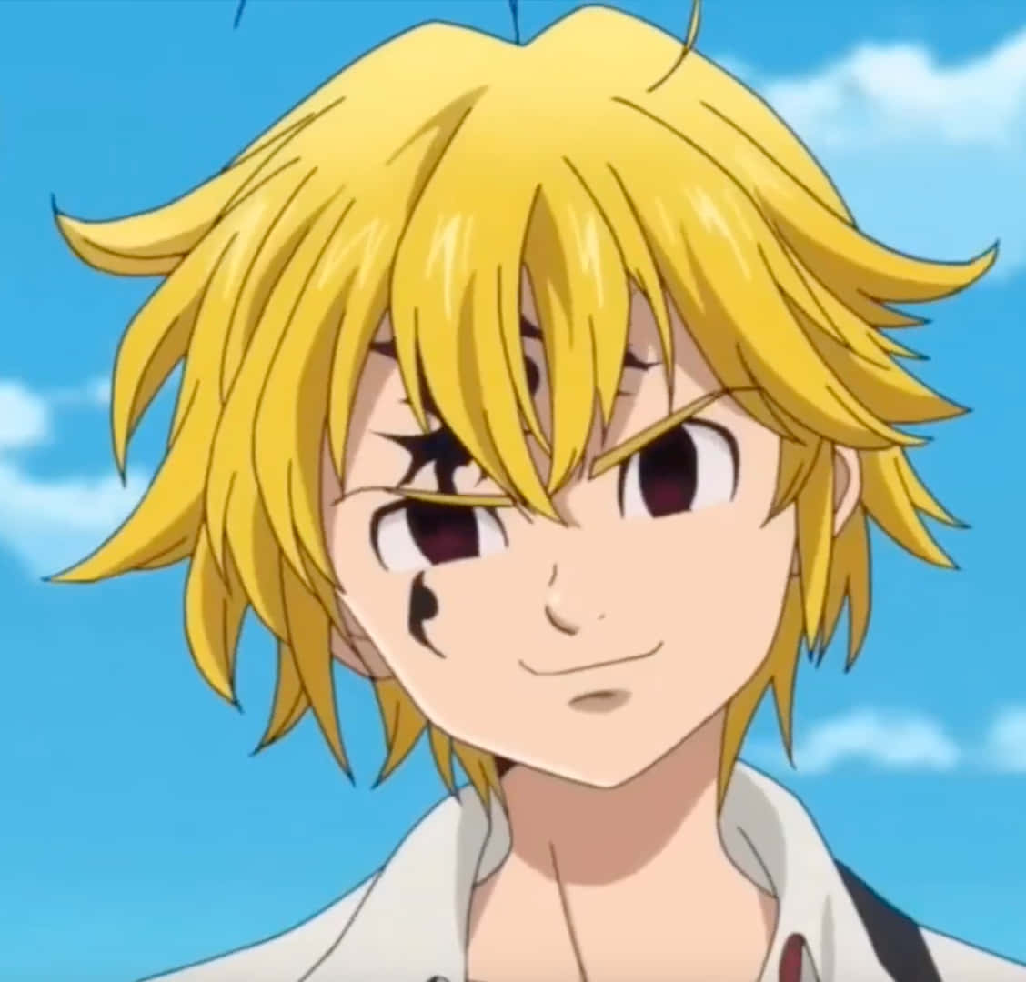 Meliodas 桌布 壁紙 — 一個開朗的動畫男孩，有著刺蝟般的金髮和臉頰上的淚水，在明亮的藍天下微笑。