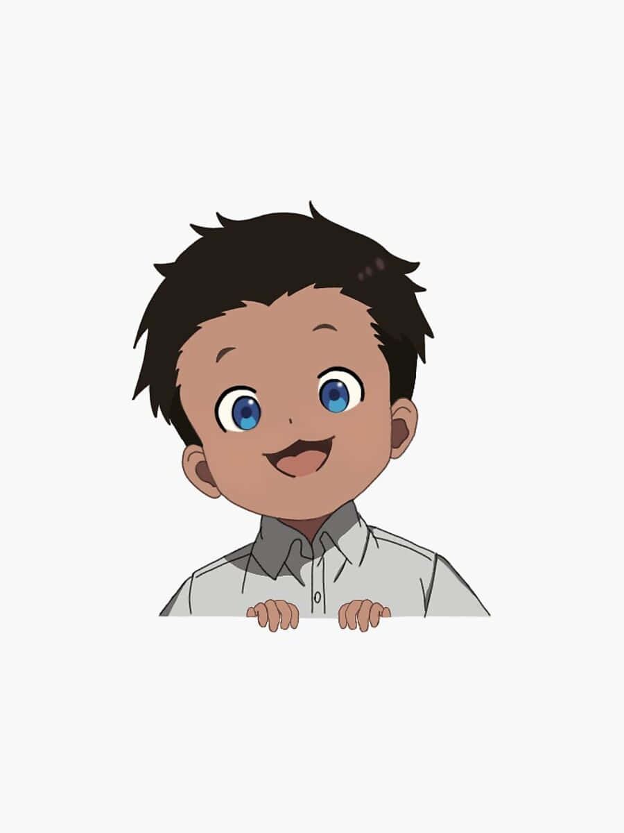 The Promised Neverland Phil 桌布 壁紙 — 一個開朗的動畫男孩，藍眼睛黑頭髮，穿著淺灰色襯衫，從邊緣探出頭來。